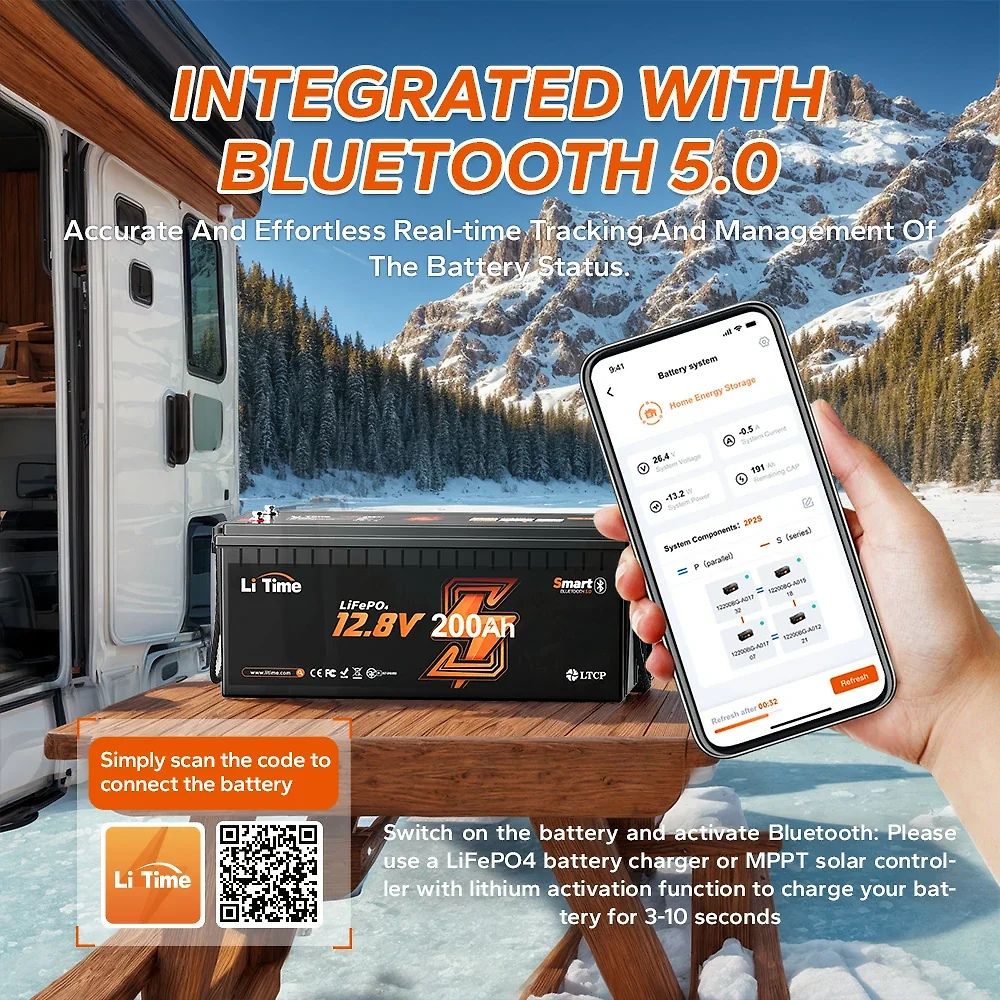 LiTime 12V 200Ah Bluetooth Lithium Battery for RVs. Marine