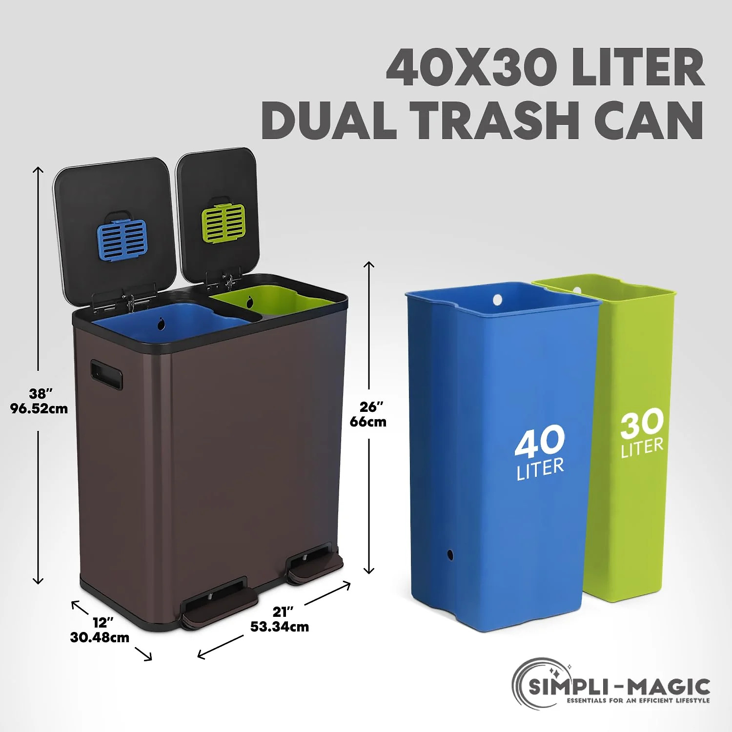 70 Liter / 18.5 Gallon Dual Compartment Recycling Trash Can – Hands-Free Kitchen Step Bin with Soft-Close Lid. Odor Filter. Stainless Steel Foot Pedal. Black Finish (40L + 30L). Brown