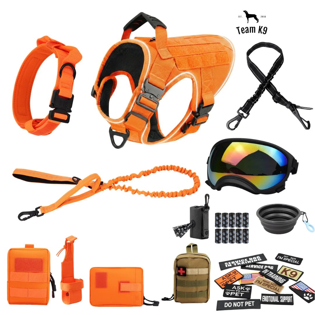 10-In-1 Tactical K9 Harness System – Full Harness Bundle (Includes: Tactical No-Pull Dog Harness + Bungee Leash + Collar + MOLLE Pouches + First Aid Kit + 12 Hook & Loop Patches + Dog Goggles + Safety Belt + Travel Water Bowl + Dog Waste Bags & Pouch)
