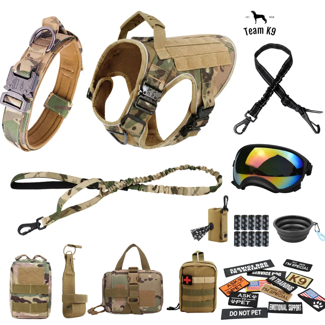 10-In-1 Tactical K9 Harness System – Full Harness Bundle (Includes: Tactical No-Pull Dog Harness + Bungee Leash + Collar + MOLLE Pouches + First Aid Kit + 12 Hook & Loop Patches + Dog Goggles + Safety Belt + Travel Water Bowl + Dog Waste Bags & Pouch)