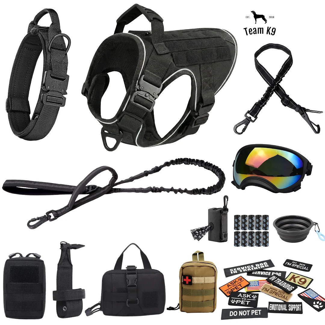 10-In-1 Tactical K9 Harness System – Full Harness Bundle (Includes: Tactical No-Pull Dog Harness + Bungee Leash + Collar + MOLLE Pouches + First Aid Kit + 12 Hook & Loop Patches + Dog Goggles + Safety Belt + Travel Water Bowl + Dog Waste Bags & Pouch)