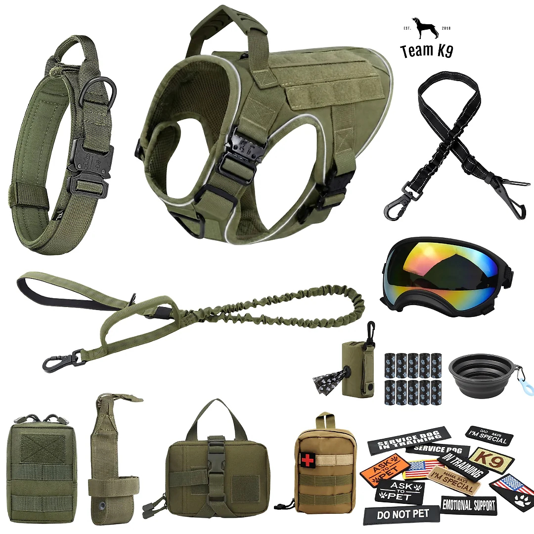 10-In-1 Tactical K9 Harness System – Full Harness Bundle (Includes: Tactical No-Pull Dog Harness + Bungee Leash + Collar + MOLLE Pouches + First Aid Kit + 12 Hook & Loop Patches + Dog Goggles + Safety Belt + Travel Water Bowl + Dog Waste Bags & Pouch)