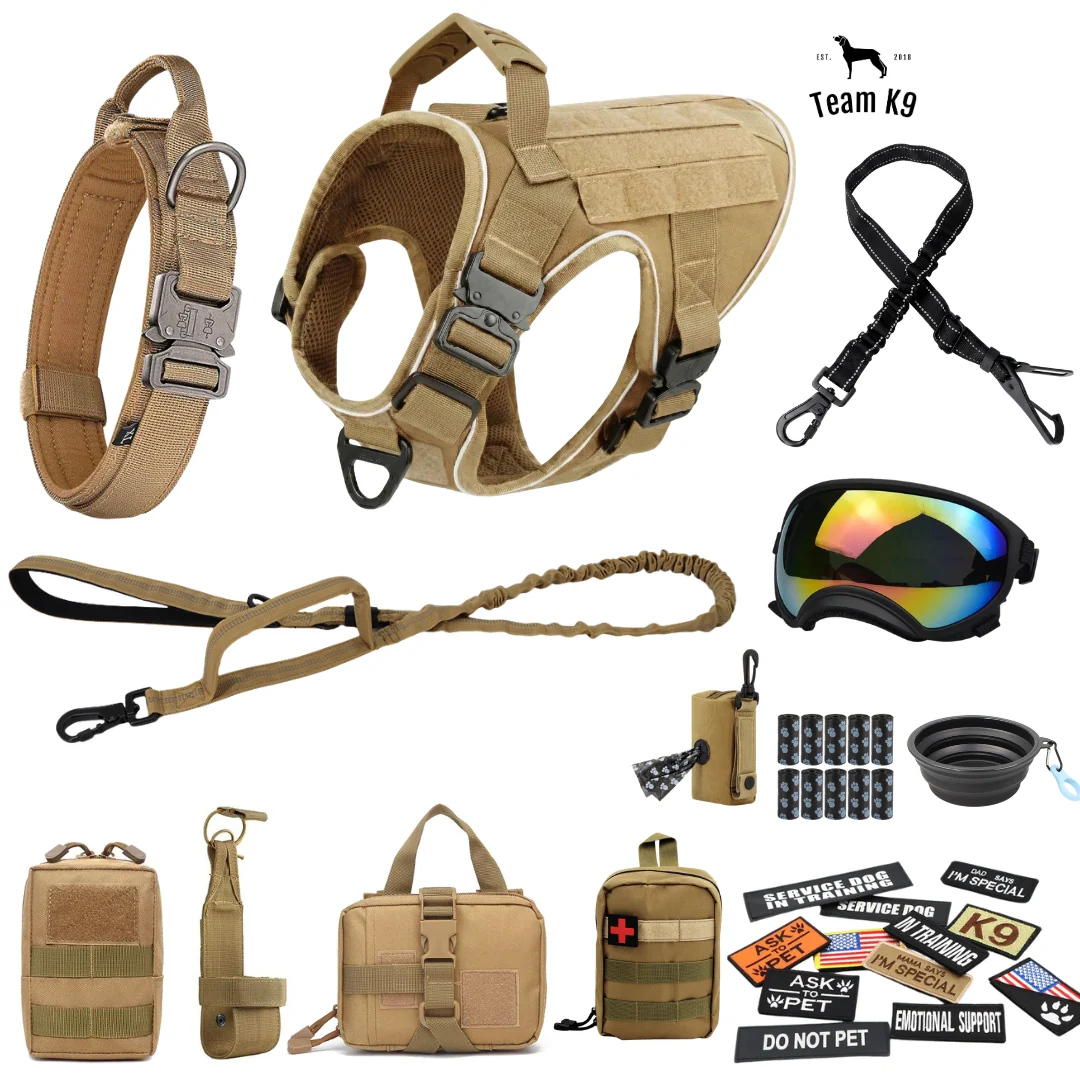 10-In-1 Tactical K9 Harness System – Full Harness Bundle (Includes: Tactical No-Pull Dog Harness + Bungee Leash + Collar + MOLLE Pouches + First Aid Kit + 12 Hook & Loop Patches + Dog Goggles + Safety Belt + Travel Water Bowl + Dog Waste Bags & Pouch)