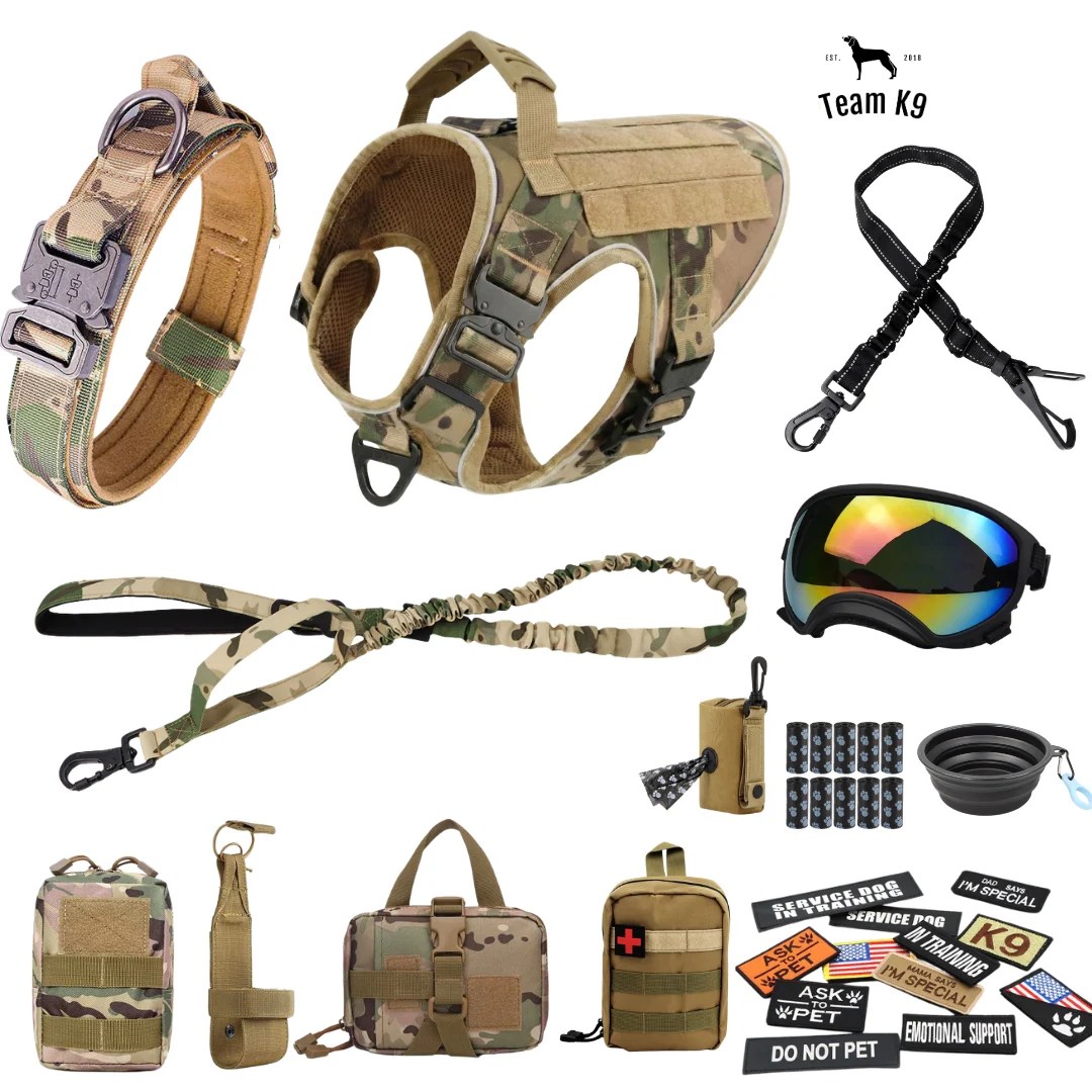 10-In-1 Tactical K9 Harness System – Full Harness Bundle (Includes: Tactical No-Pull Dog Harness + Bungee Leash + Collar + MOLLE Pouches + First Aid Kit + 12 Hook & Loop Patches + Dog Goggles + Safety Belt + Travel Water Bowl + Dog Waste Bags & Pouch)