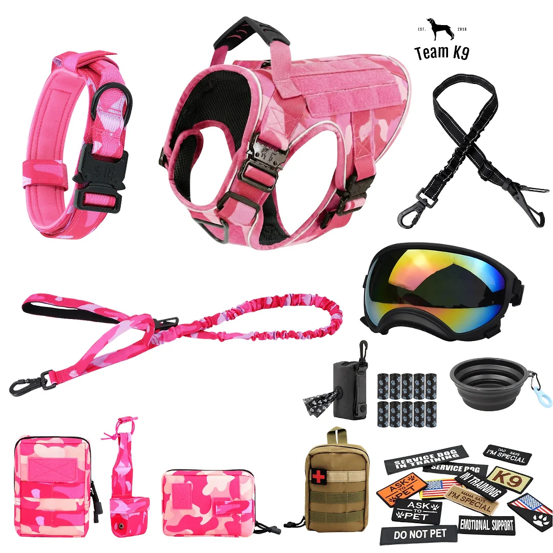 10-In-1 Tactical K9 Harness System – Full Harness Bundle (Includes: Tactical No-Pull Dog Harness + Bungee Leash + Collar + MOLLE Pouches + First Aid Kit + 12 Hook & Loop Patches + Dog Goggles + Safety Belt + Travel Water Bowl + Dog Waste Bags & Pouch)