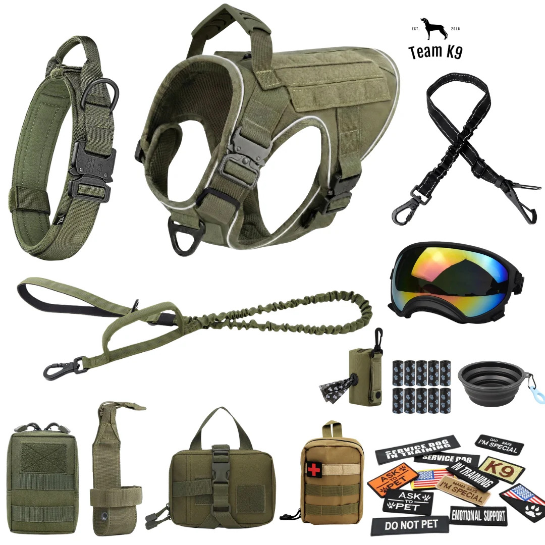 10-In-1 Tactical K9 Harness System – Full Harness Bundle (Includes: Tactical No-Pull Dog Harness + Bungee Leash + Collar + MOLLE Pouches + First Aid Kit + 12 Hook & Loop Patches + Dog Goggles + Safety Belt + Travel Water Bowl + Dog Waste Bags & Pouch)