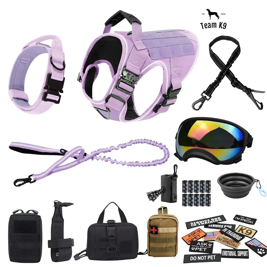 10-In-1 Tactical K9 Harness System – Full Harness Bundle (Includes: Tactical No-Pull Dog Harness + Bungee Leash + Collar + MOLLE Pouches + First Aid Kit + 12 Hook & Loop Patches + Dog Goggles + Safety Belt + Travel Water Bowl + Dog Waste Bags & Pouch)