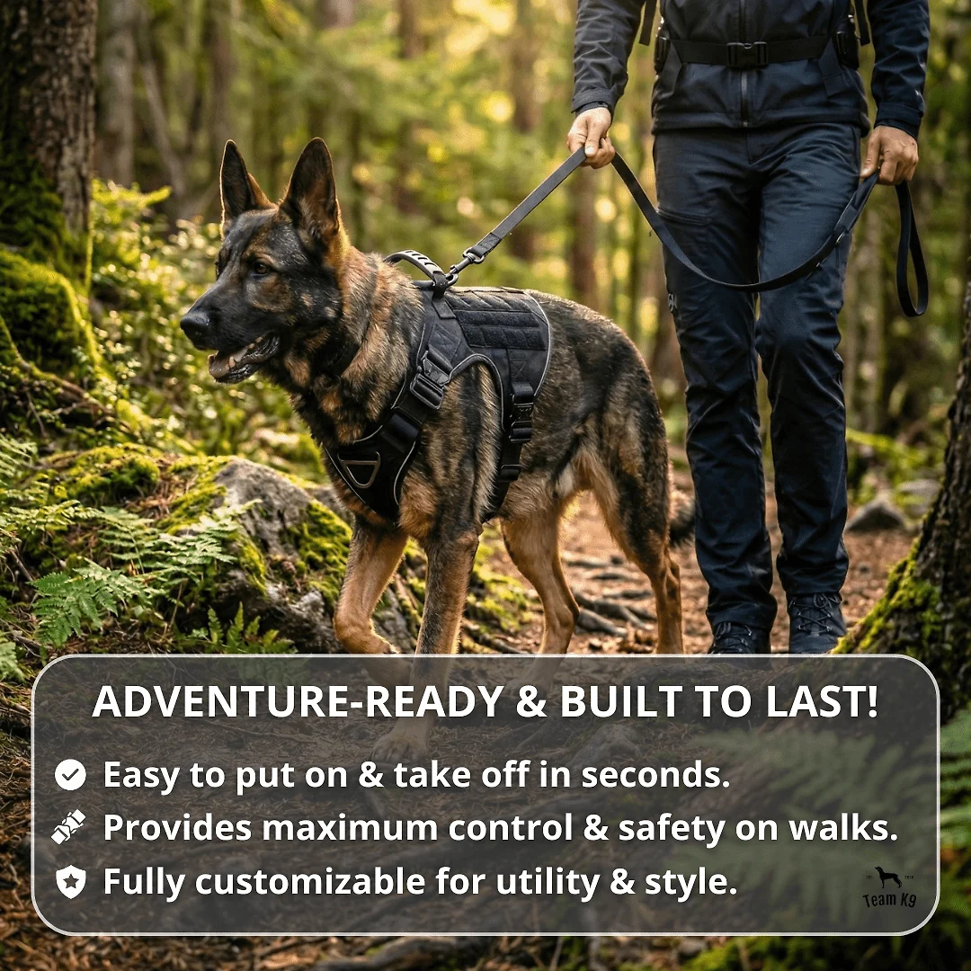 10-In-1 Tactical K9 Harness System – Full Harness Bundle (Includes: Tactical No-Pull Dog Harness + Bungee Leash + Collar + MOLLE Pouches + First Aid Kit + 12 Hook & Loop Patches + Dog Goggles + Safety Belt + Travel Water Bowl + Dog Waste Bags & Pouch)