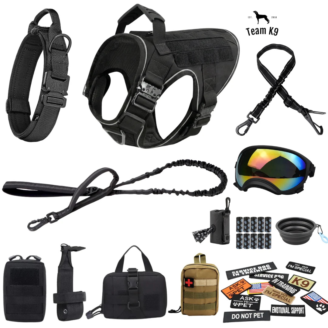 10-In-1 Tactical K9 Harness System – Full Harness Bundle (Includes: Tactical No-Pull Dog Harness + Bungee Leash + Collar + MOLLE Pouches + First Aid Kit + 12 Hook & Loop Patches + Dog Goggles + Safety Belt + Travel Water Bowl + Dog Waste Bags & Pouch)