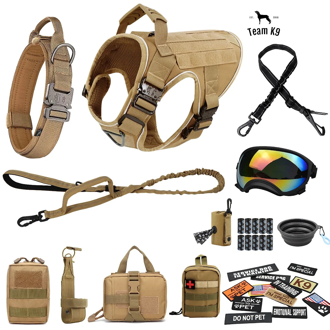 10-In-1 Tactical K9 Harness System – Full Harness Bundle (Includes: Tactical No-Pull Dog Harness + Bungee Leash + Collar + MOLLE Pouches + First Aid Kit + 12 Hook & Loop Patches + Dog Goggles + Safety Belt + Travel Water Bowl + Dog Waste Bags & Pouch)