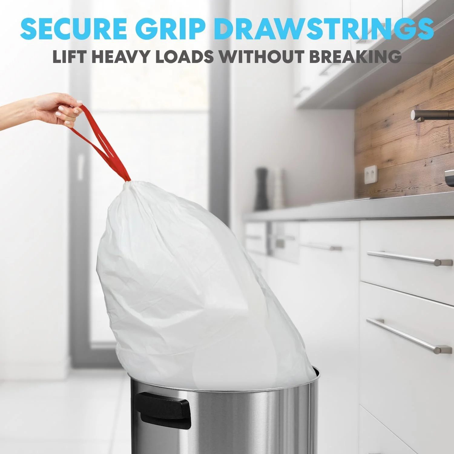 SIMPLI-MAGIC 17 Gallon Drawstring Trash Bags. 120 Pack – Tall Kitchen Garbage Bags. Custom Made with Premium Materials (White)