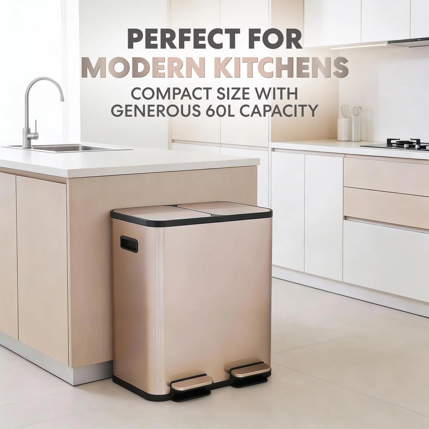 60 Liter / 16 Gallon Rectangular Hands-Free Dual Compartment Recycling Kitchen Step Trash Can with Soft-Close Single Lid. Stainless Steel (30L x 30L Capacity) Rose Gold