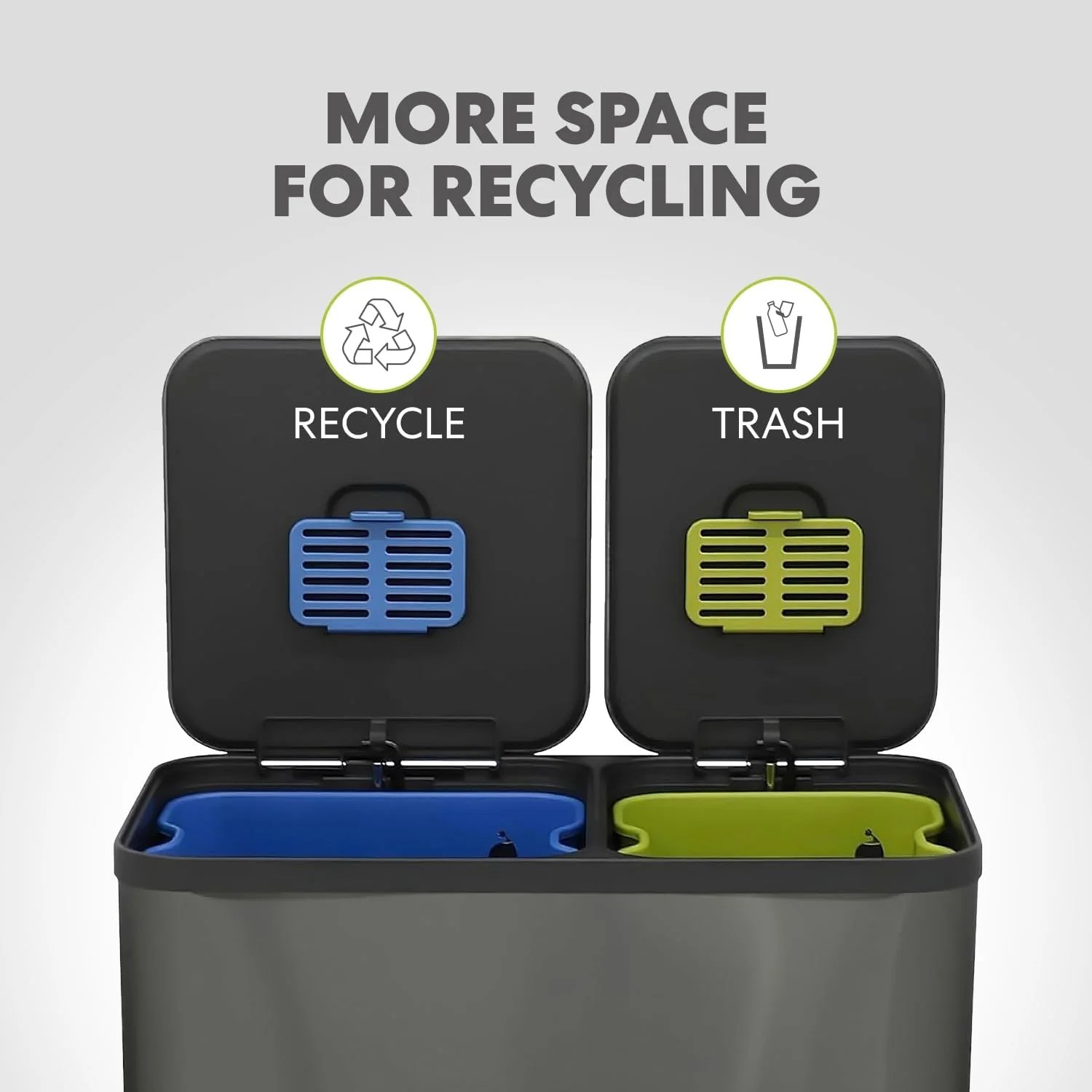 70 Liter / 18.5 Gallon Dual Compartment Recycling Trash Can – Hands-Free Kitchen Step Bin with Soft-Close Lid. Odor Filter. Stainless Steel Foot Pedal. Black Finish (40L + 30L) Elegant Black Finish