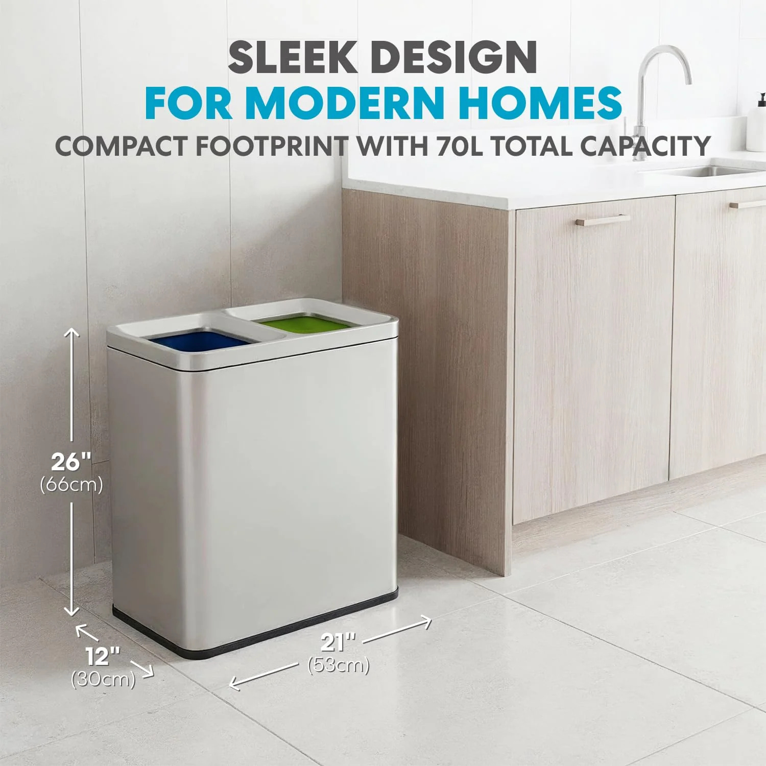 70 Liter / 18.5 Gallon Rectangular Open Top Dual Compartment Recycling Trash Can. Stainless Steel (40L x 30L Capacity) Ideal for Restaurants. Coffee Shops. Gym and Households