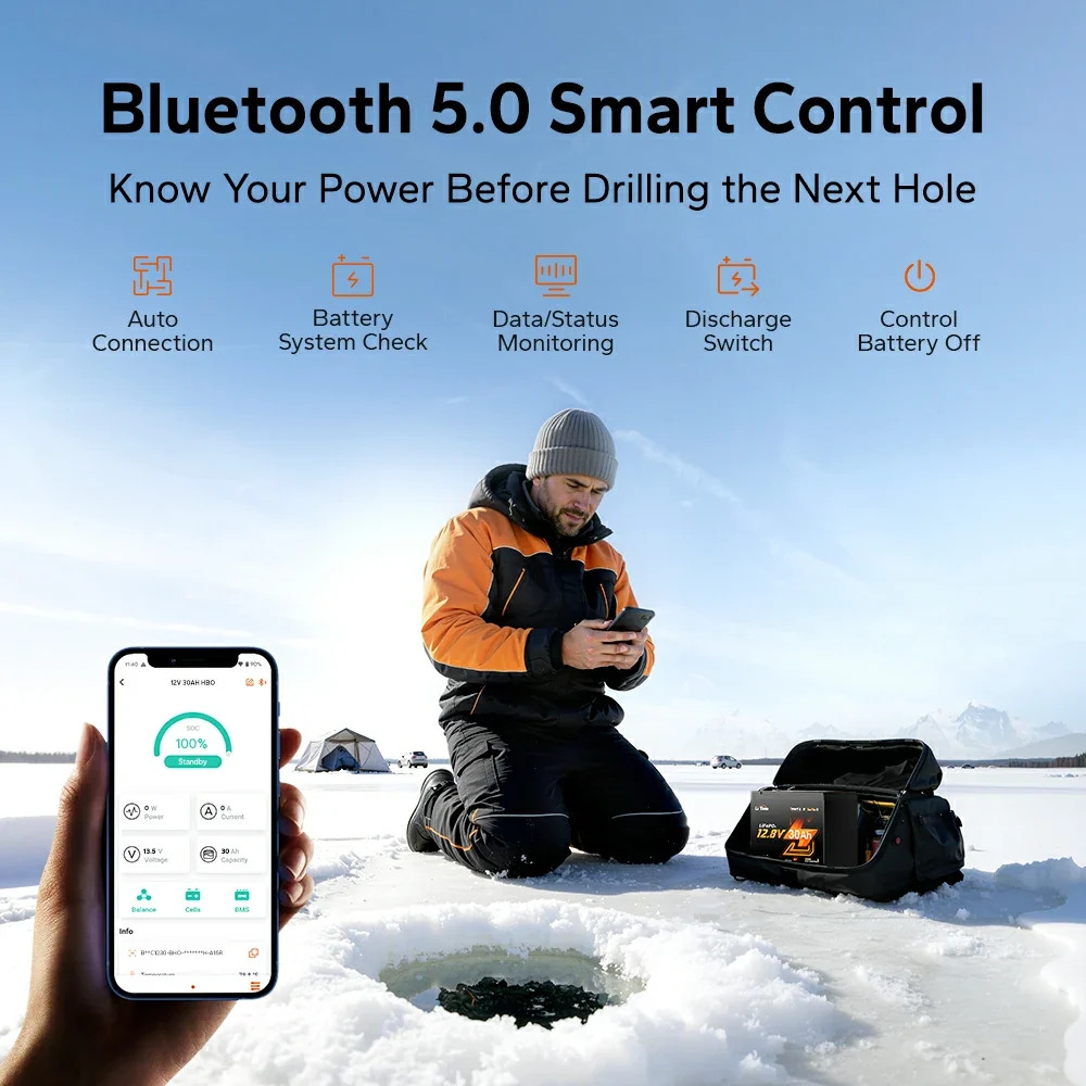 LiTime 12V 30Ah Ice Fishing & Portable Lithium Battery with Bluetooth & Self-Heating