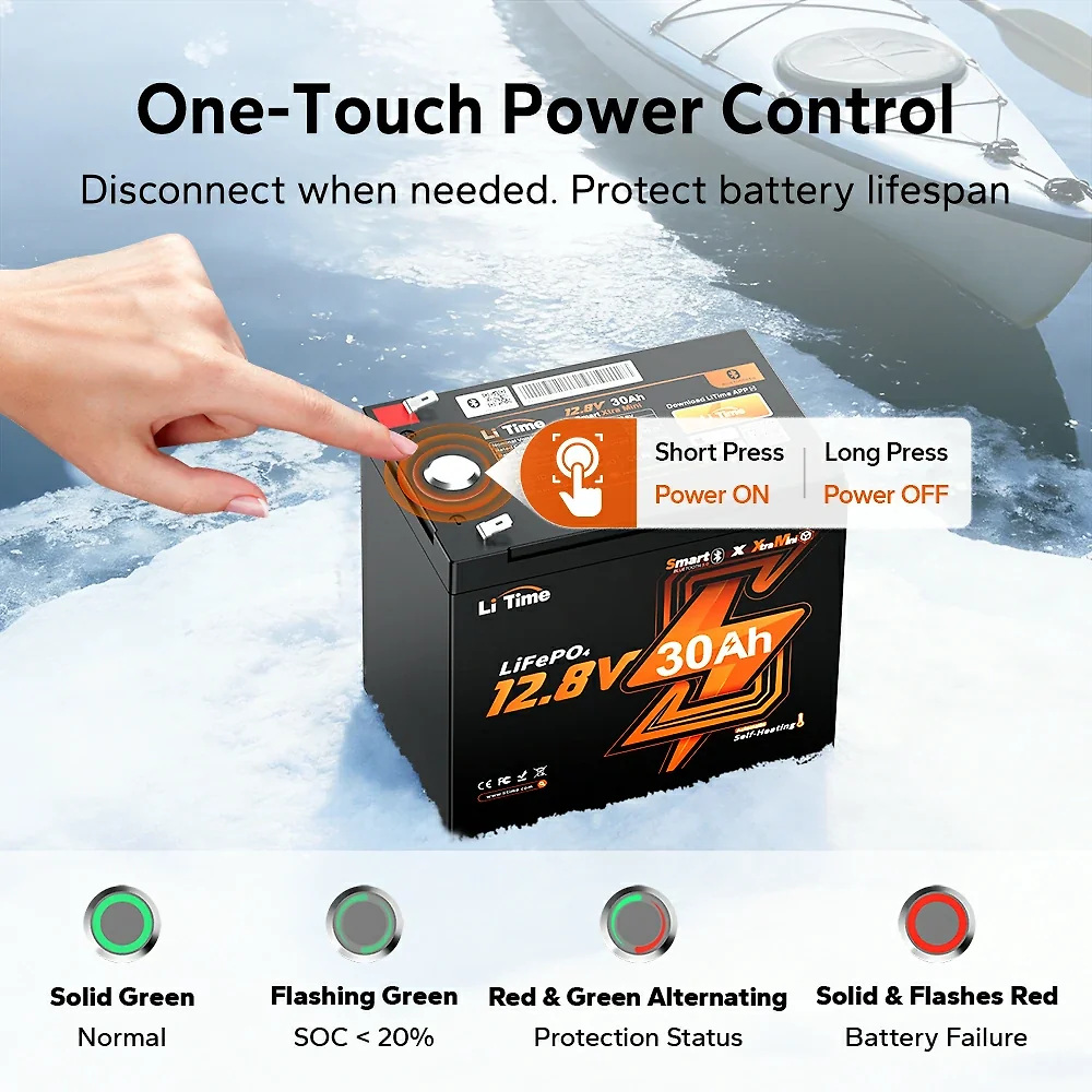 LiTime 12V 30Ah Ice Fishing & Portable Lithium Battery with Bluetooth & Self-Heating
