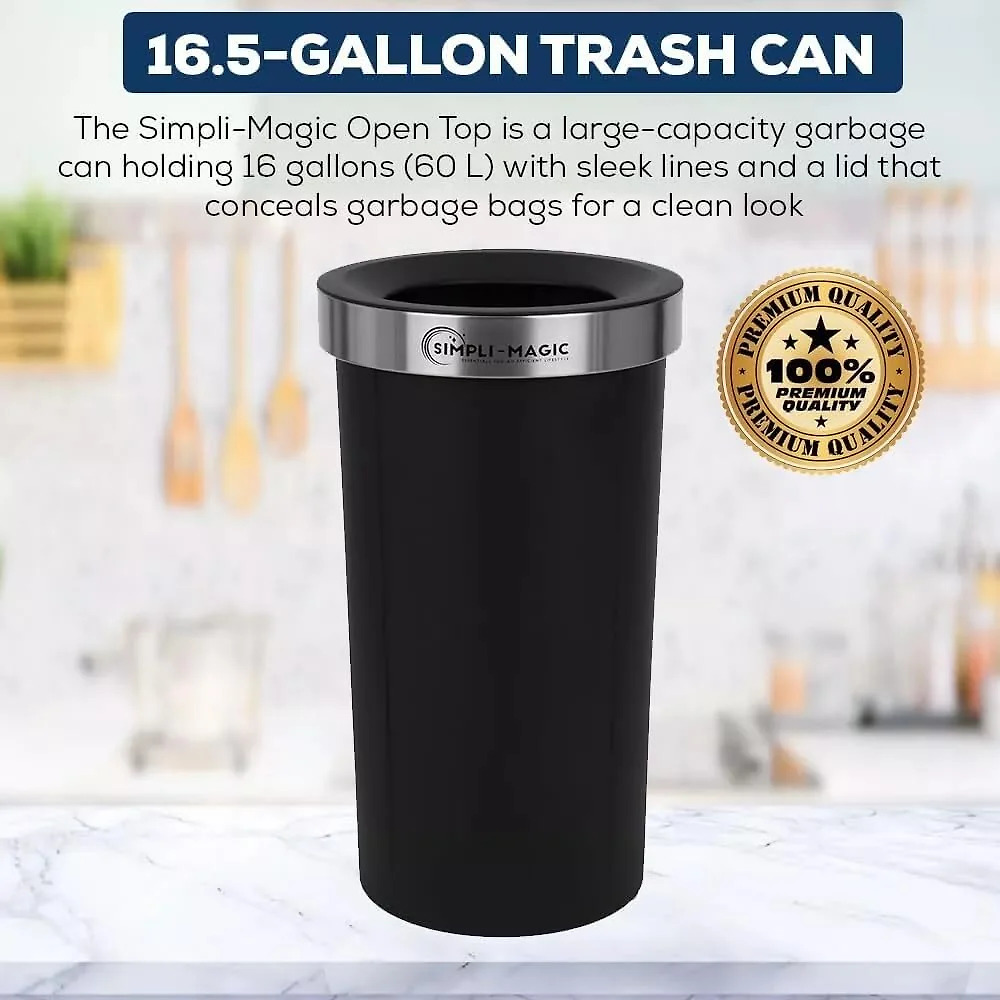 SIMPLI-MAGIC 16 Gallon (60L) Open Top Trash Can – Round Commercial Trash Can – Smudge-Resistant. Easy to Clean. Non-Skid Base. Stainless Steel (2 Pack)