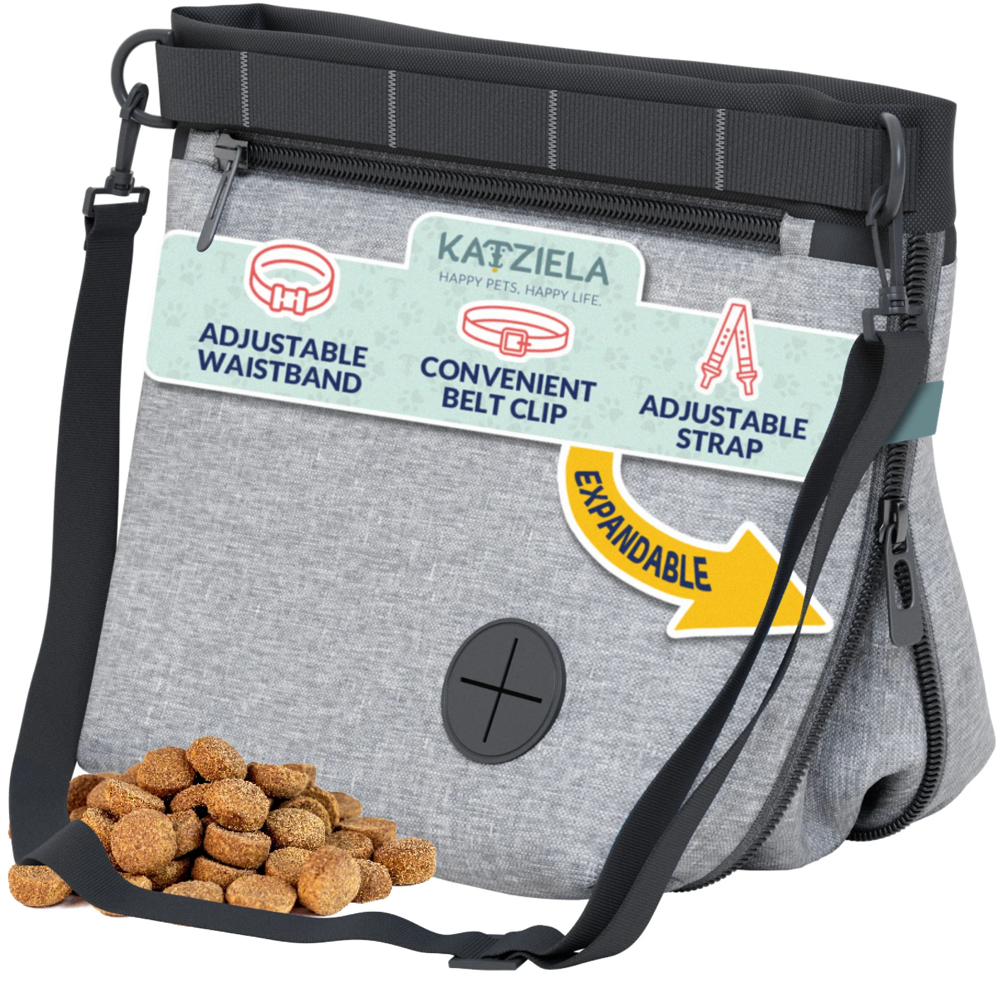 Katziela Expandable Pet Treat Pouch – Hands Free Dog Treat Pouch. Quick Access Magnet Closure – Anti Spill Dog Treat Bag – Treat Pouches for Pet Training. Adjustable Shoulder Strap & Belt Clip