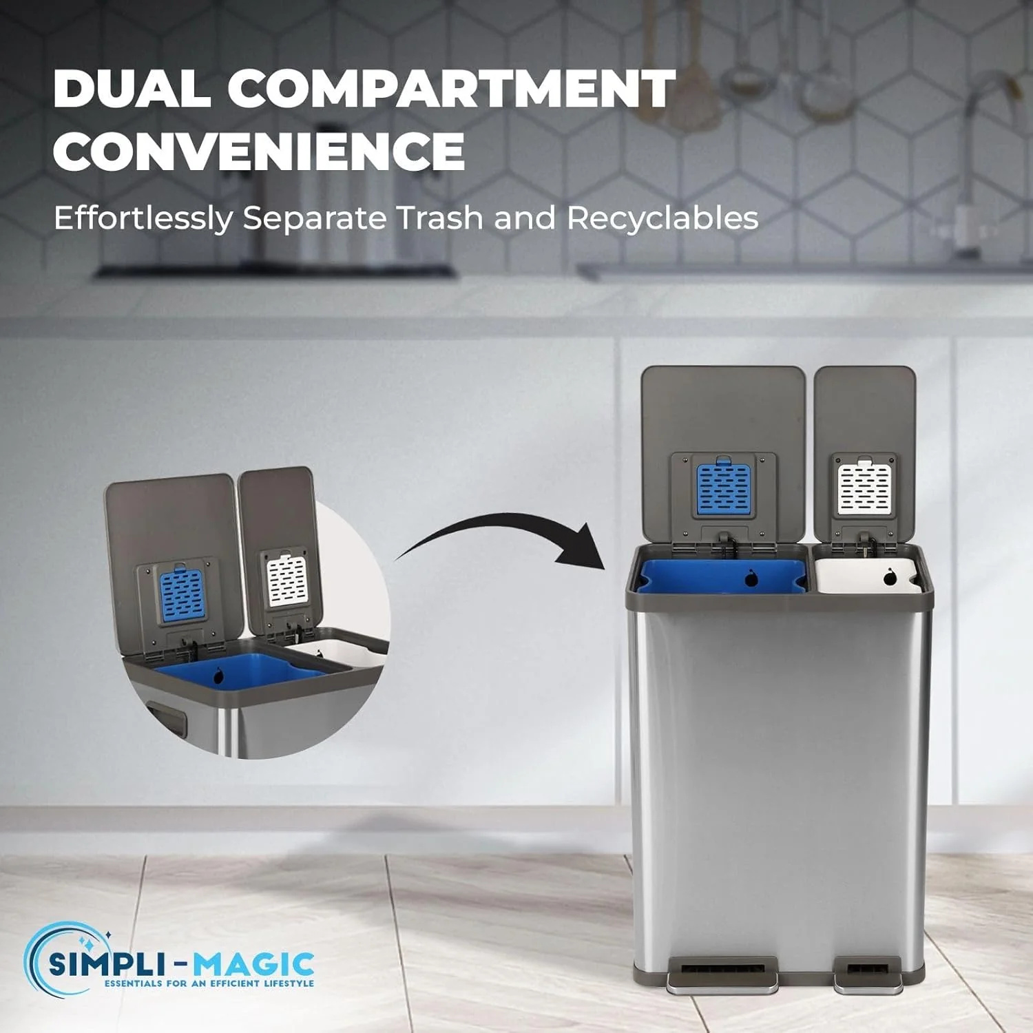 SIMPLI-MAGIC 16 Gallon (38L x 22L) Dual Compartment Step Trash Can – Kitchen Garbage Can With Waste & Recycling Bins – Slow-Close Lid. Odor Control. Hands-Free. Easy to Clean. Brushed Stainless Steel