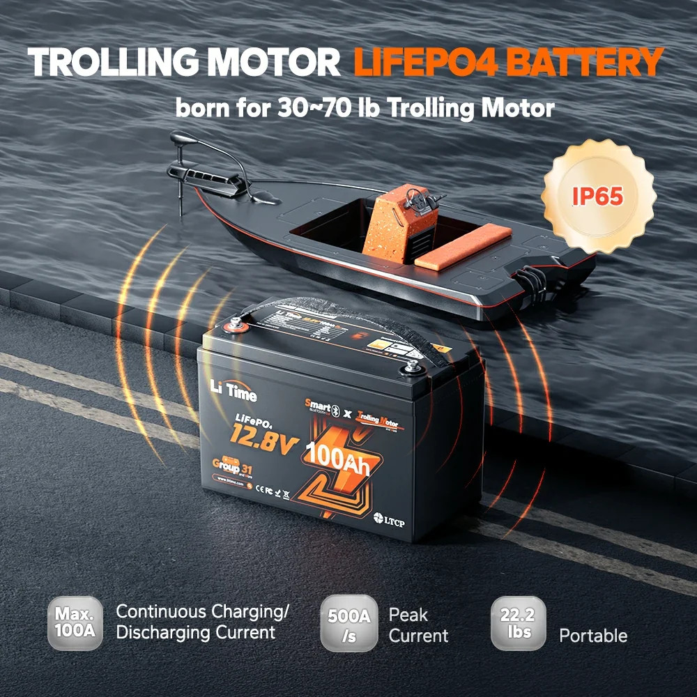 LiTime 12 Volt 100Ah TM Lithium Marine Trolling Motor Battery with Bluetooth