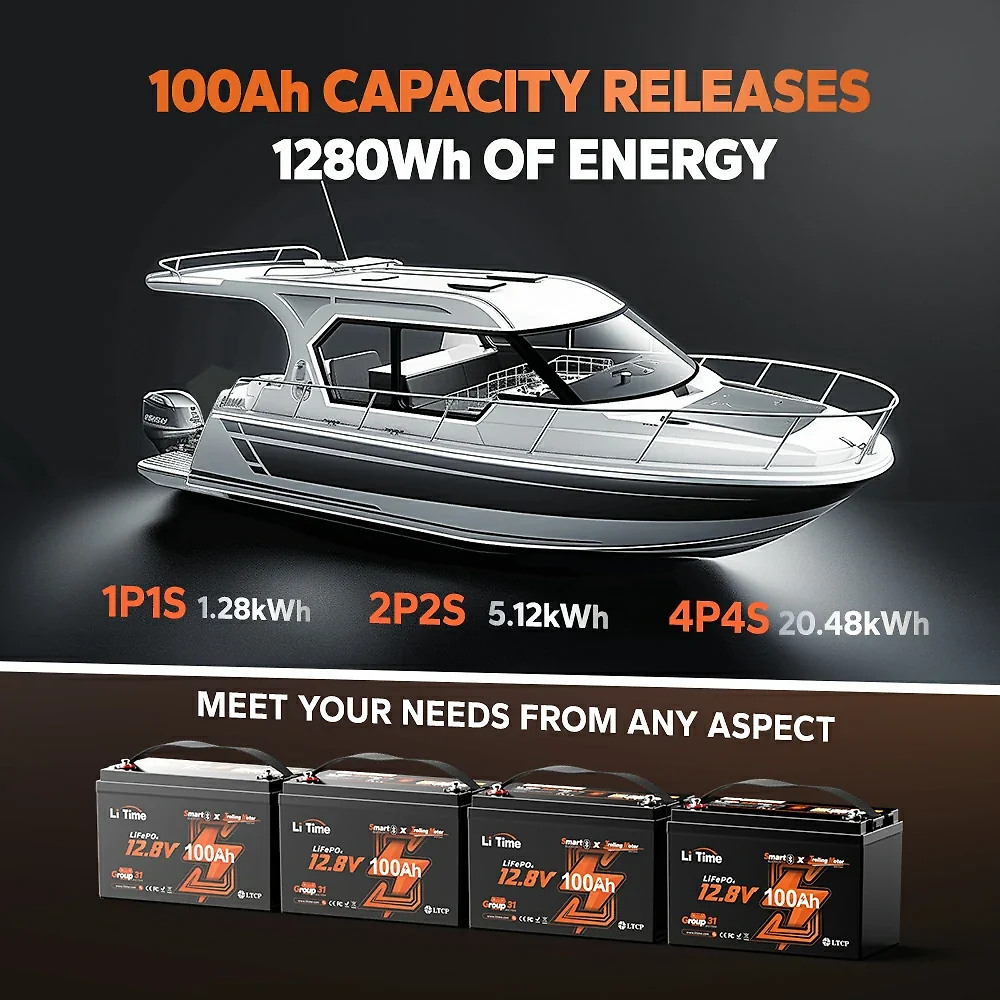 LiTime 12 Volt 100Ah TM Lithium Marine Trolling Motor Battery with Bluetooth
