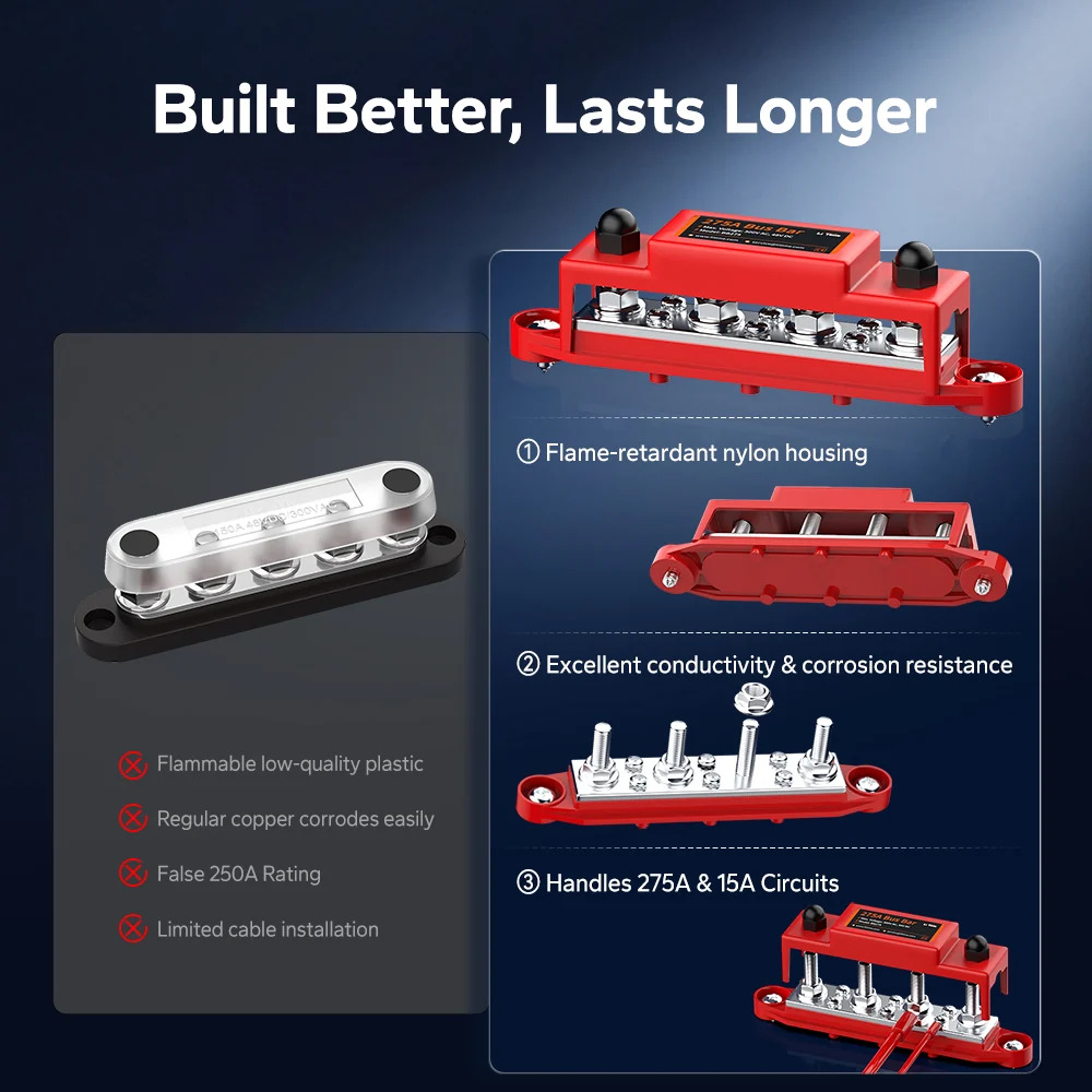 LiTime 12V 275A Power Distribution Bus Bar for RV. Marine. Solar Battery Terminal Block