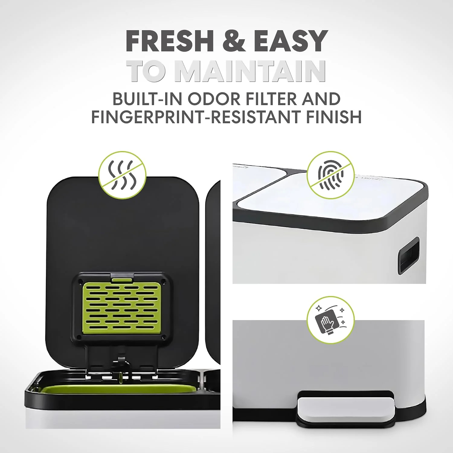 60 Liter / 16 Gallon Rectangular Hands-Free Dual Compartment Recycling Kitchen Step Trash Can with Soft-Close Single Lid. Stainless Steel (30L x 30L Capacity) White