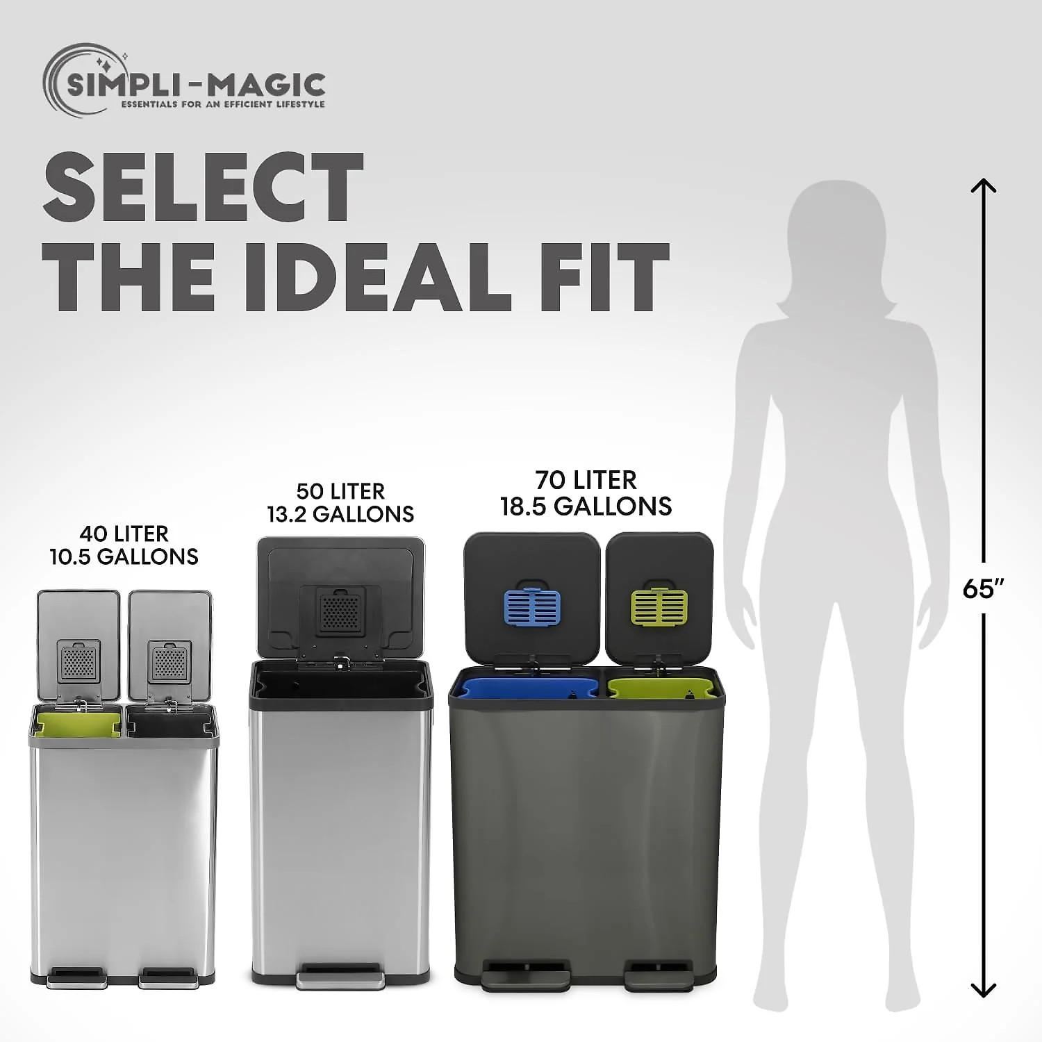 70 Liter / 18.5 Gallon Dual Compartment Recycling Trash Can – Hands-Free Kitchen Step Bin with Soft-Close Lid. Odor Filter. Stainless Steel Foot Pedal. Black Finish (40L + 30L) Elegant Black Finish