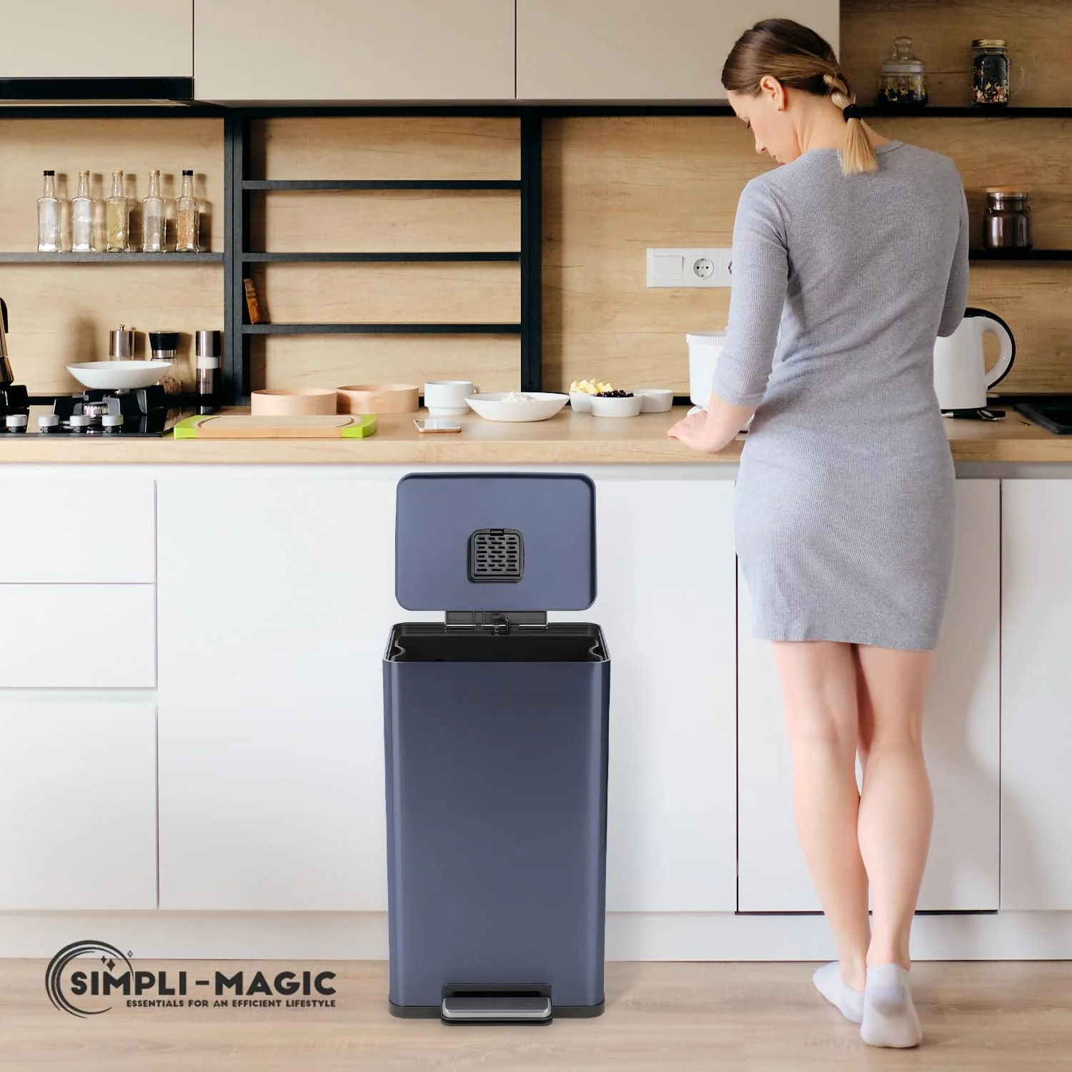 50 Liter / 13.2 Gallon Soft-Close. Smudge Resistant Trash Can with Foot Pedal and Built in Filter- Blue