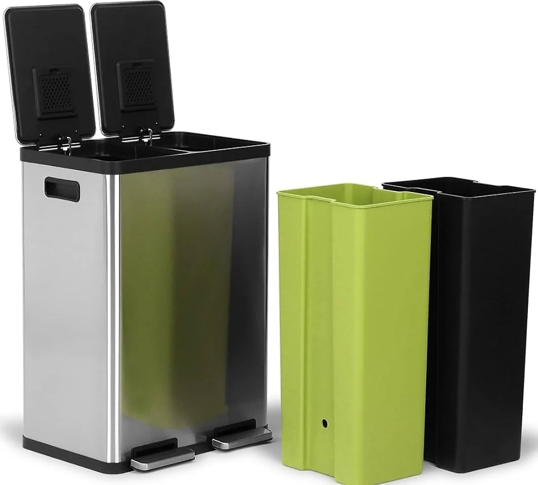 SIMPLI-MAGIC 16 Gallon (60L) Step Trash Can – Dual Compartment Kitchen Garbage Can With Waste & Recycling Bins – Slow-Close Lid. Odor Control. Hands-Free. Inner Bases. Premium Stainless Steel