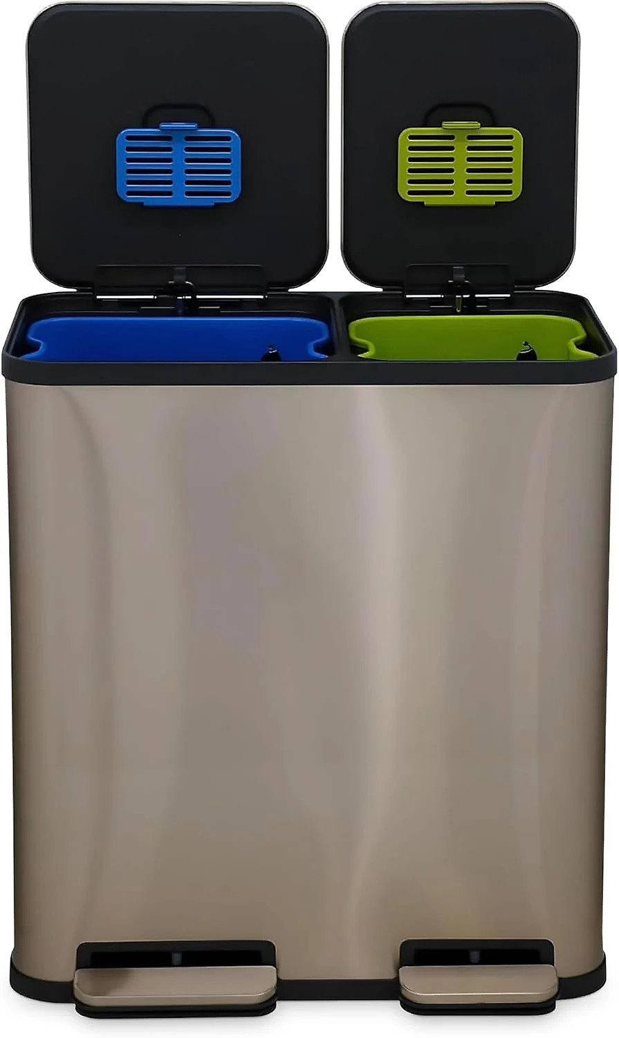 70 Liter / 18.5 Gallon Dual Compartment Recycling Trash Can – Hands-Free Kitchen Step Bin with Soft-Close Lid. Odor Filter. Stainless Steel Foot Pedal. Black Finish (40L + 30L) Rose Gold Finish