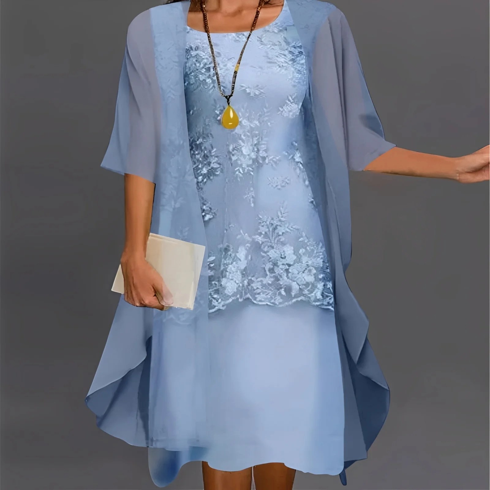 2-Piece Chiffon Dress for Women with Lace Detail Top