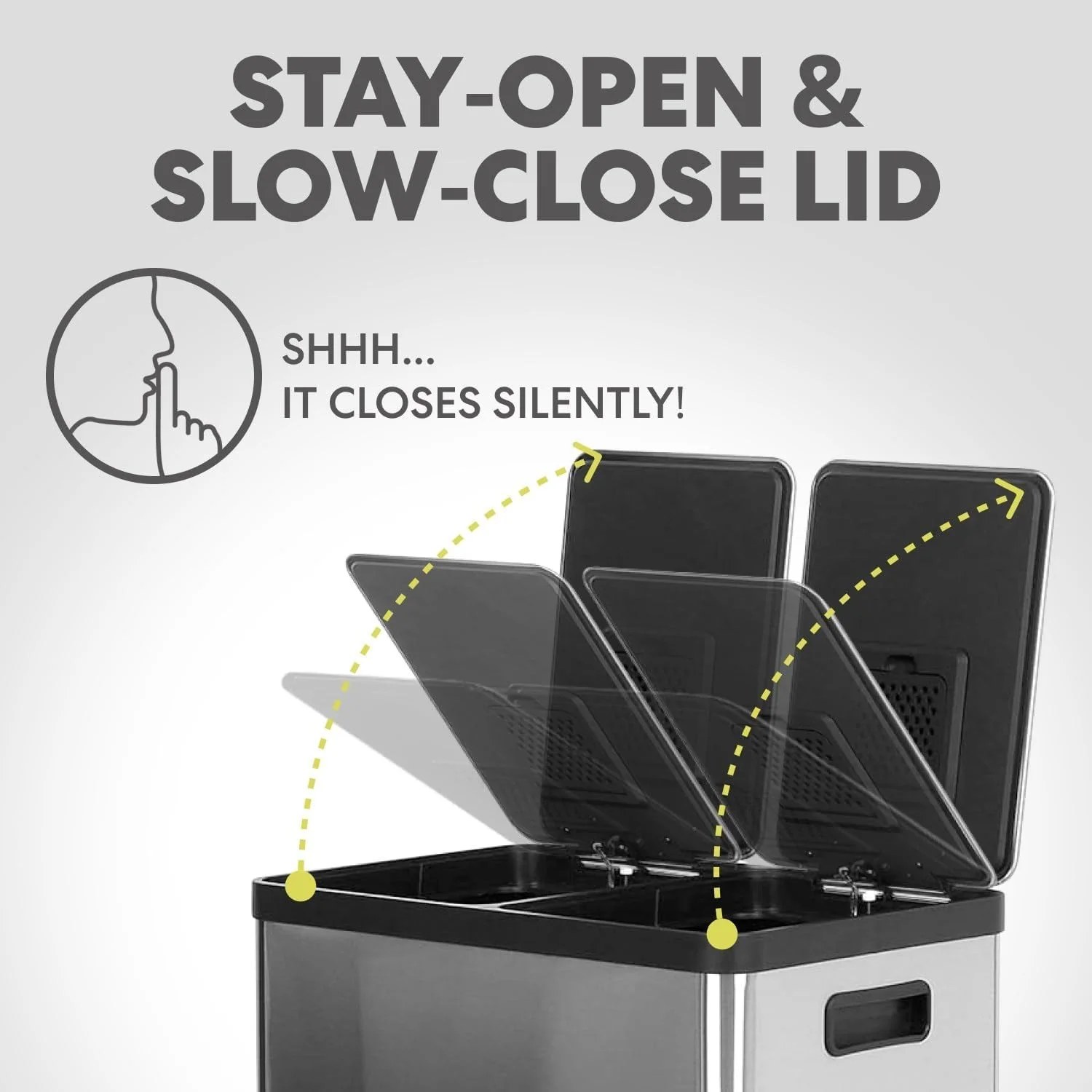 SIMPLI-MAGIC 16 Gallon (30L x 30L) Dual Compartment Step Trash Can – Kitchen Garbage Can With Slow-Close Lids – Waste & Recycling Bins. Odor Control. Hands-Free. Easy to Clean. Stainless Steel