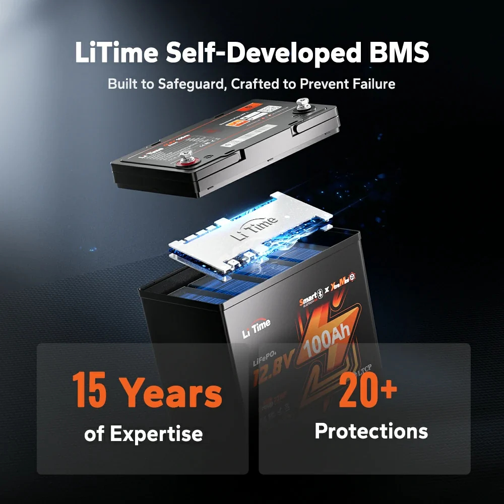 LiTime 12V 100Ah Xtra-Mini Bluetooth Small LiFePO4 Deep Cycle Battery for RV and Truck