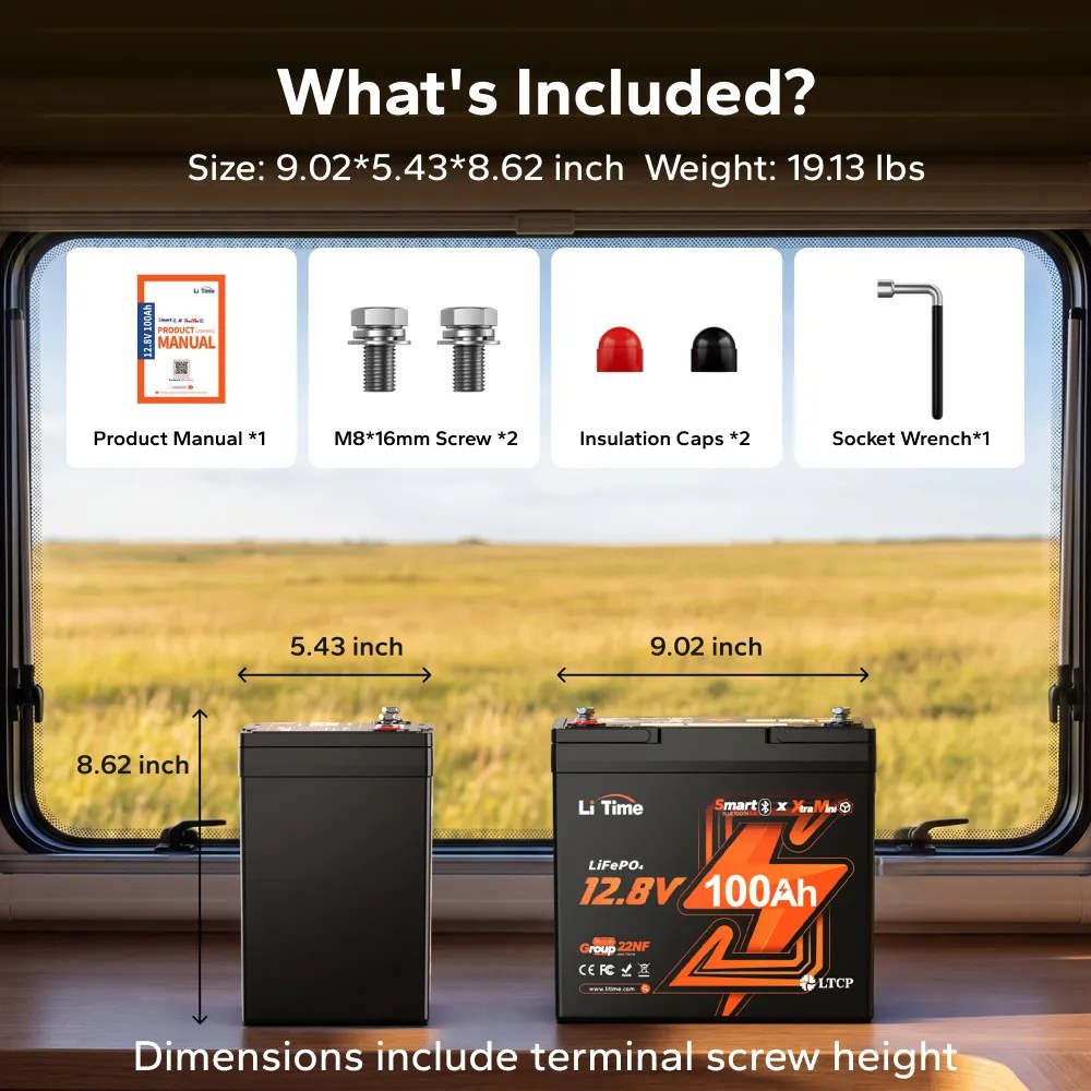 LiTime 12V 100Ah Xtra-Mini Bluetooth Small LiFePO4 Deep Cycle Battery for RV and Truck