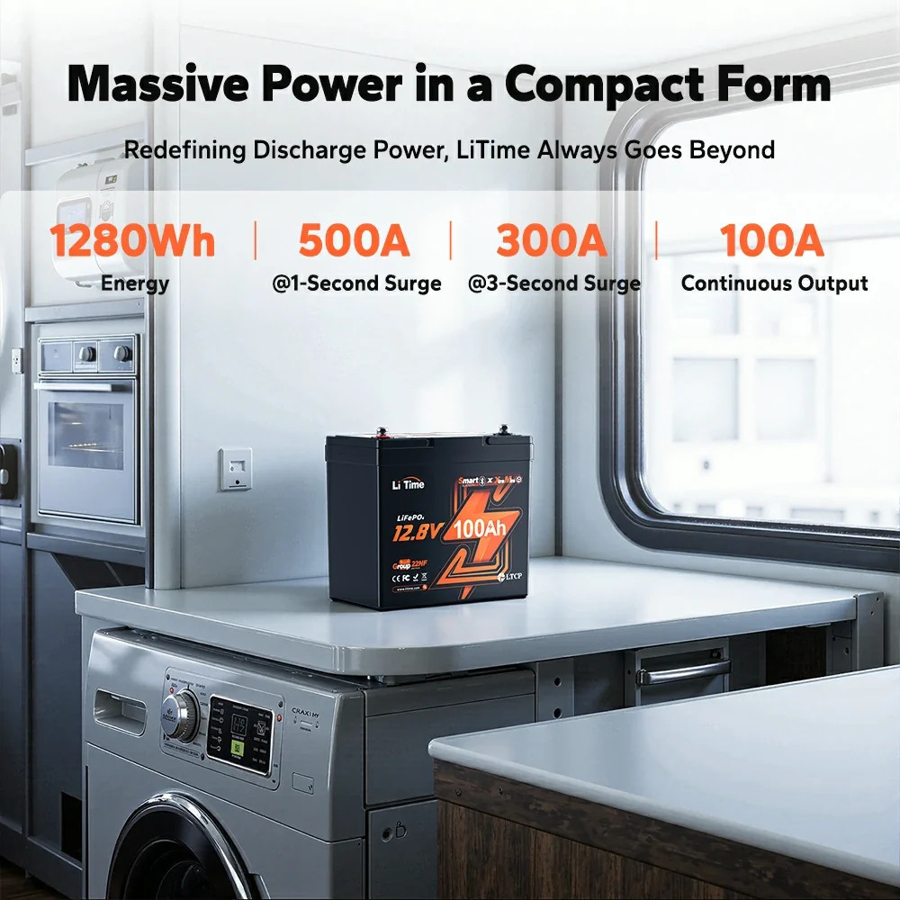 LiTime 12V 100Ah Xtra-Mini Bluetooth Small LiFePO4 Deep Cycle Battery for RV and Truck