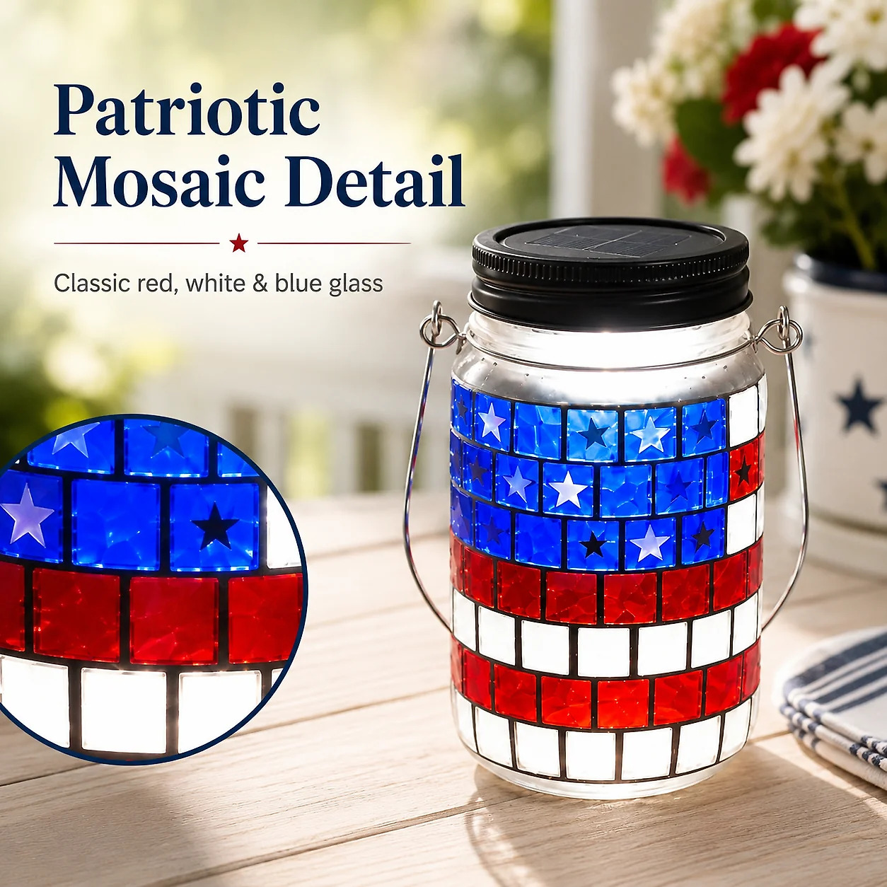 4th of July Solar Lantern Patriotic Mason Jar Outdoor Garden Decorative Light