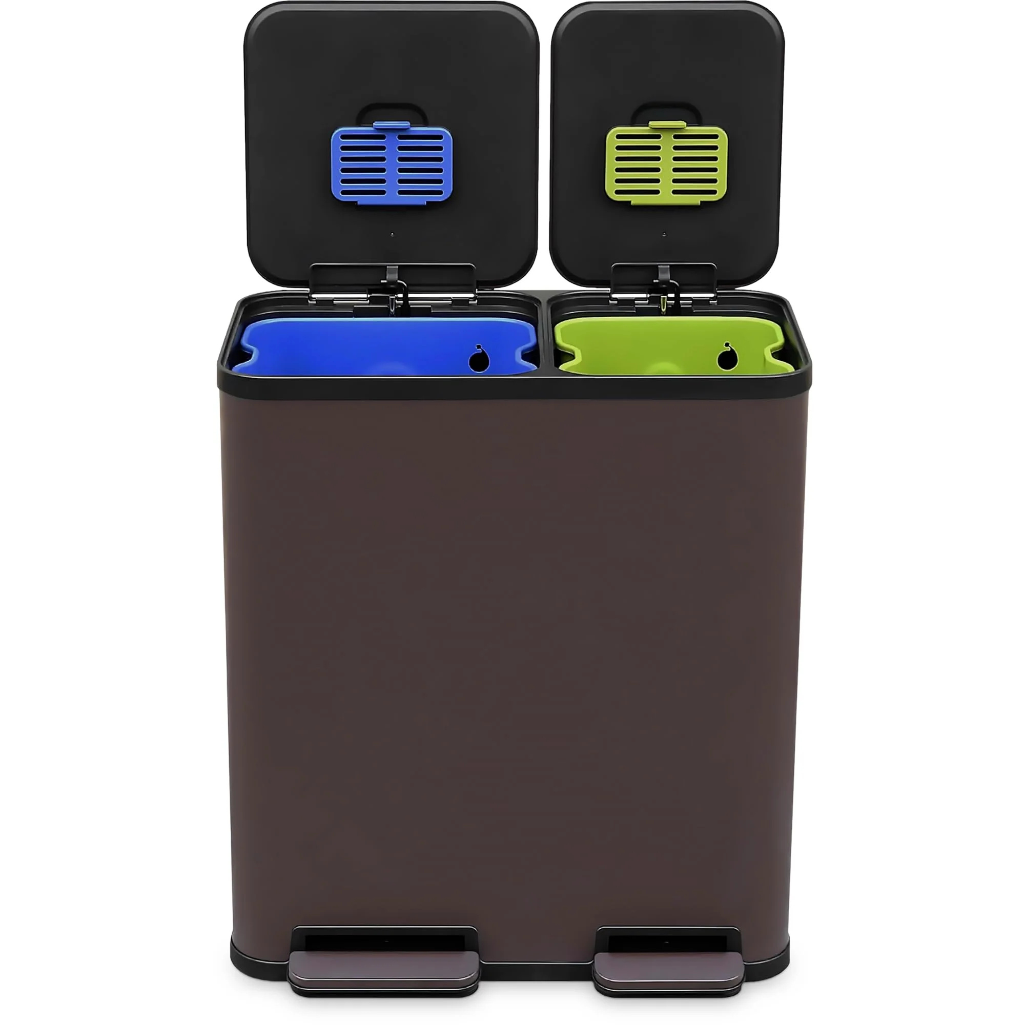 70 Liter / 18.5 Gallon Dual Compartment Recycling Trash Can – Hands-Free Kitchen Step Bin with Soft-Close Lid. Odor Filter. Stainless Steel Foot Pedal. Black Finish (40L + 30L). Brown