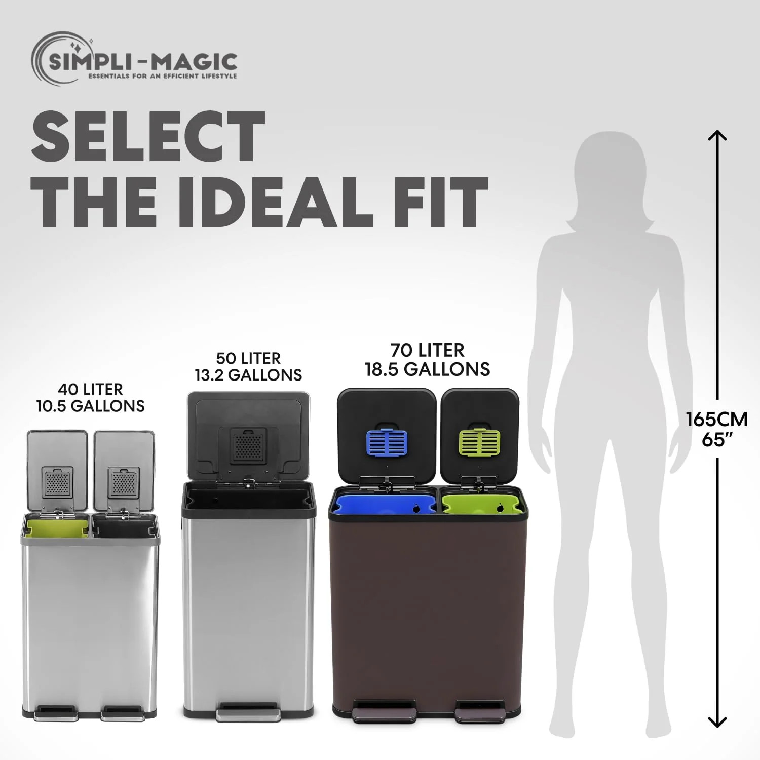 70 Liter / 18.5 Gallon Dual Compartment Recycling Trash Can – Hands-Free Kitchen Step Bin with Soft-Close Lid. Odor Filter. Stainless Steel Foot Pedal. Black Finish (40L + 30L). Brown