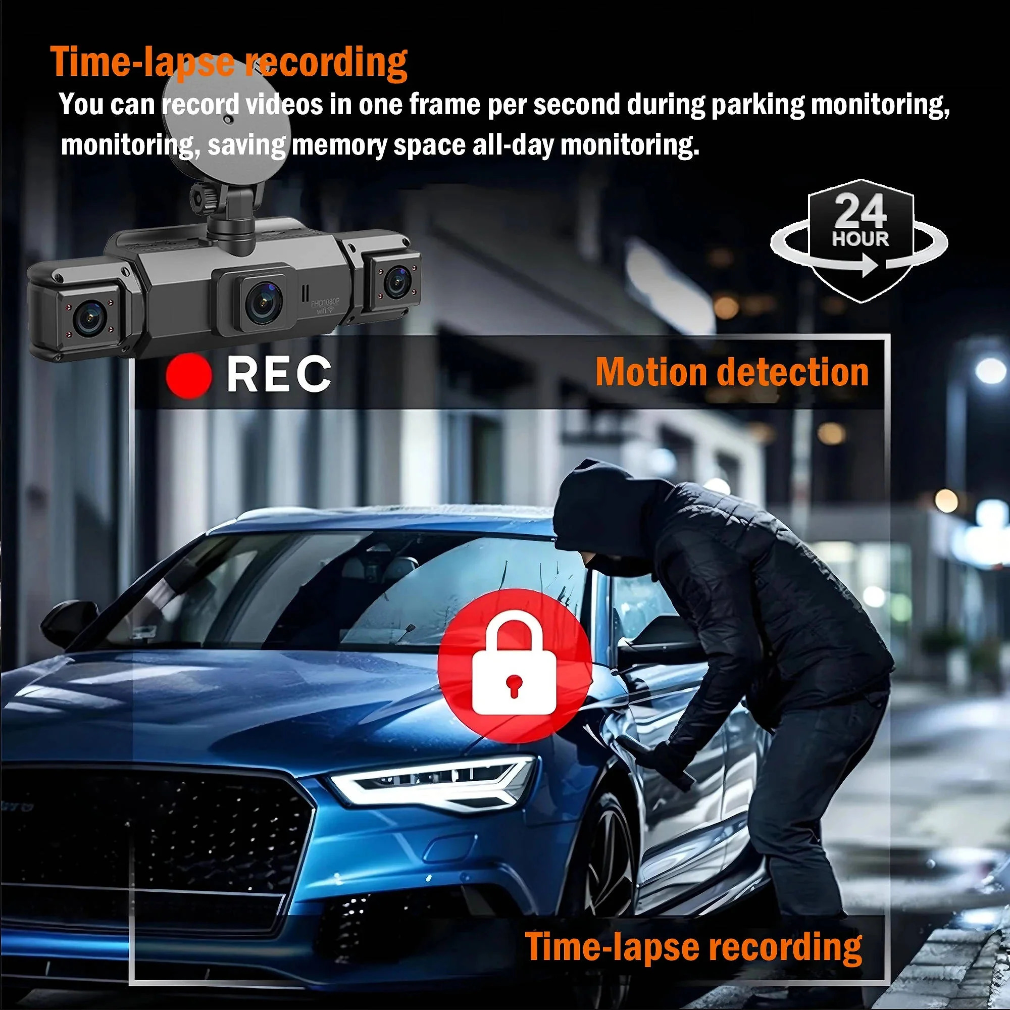4-Channel Dash Cam with Night Vision and Parking Monitor. WiFi App Control