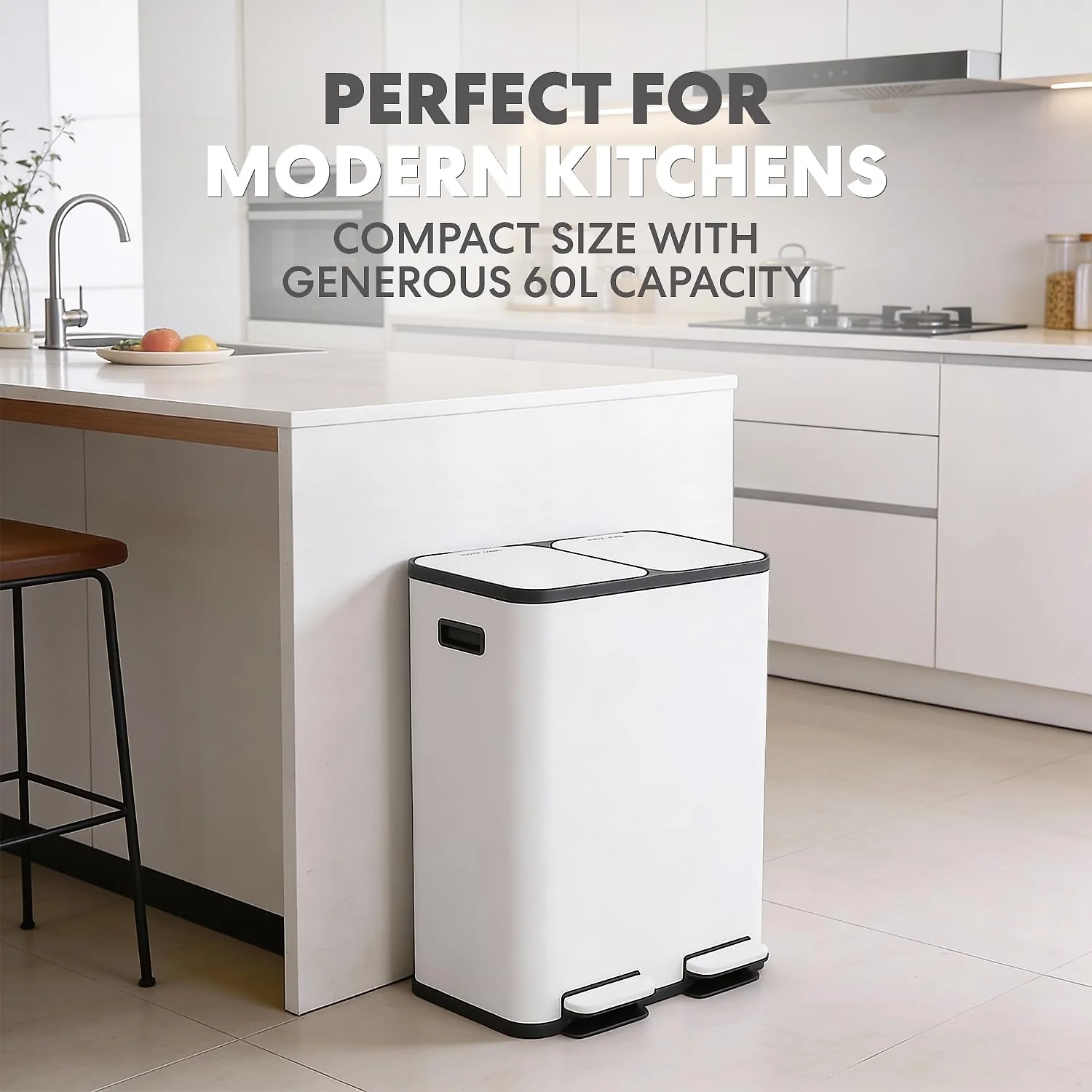 60 Liter / 16 Gallon Rectangular Hands-Free Dual Compartment Recycling Kitchen Step Trash Can with Soft-Close Single Lid. Stainless Steel (30L x 30L Capacity) White