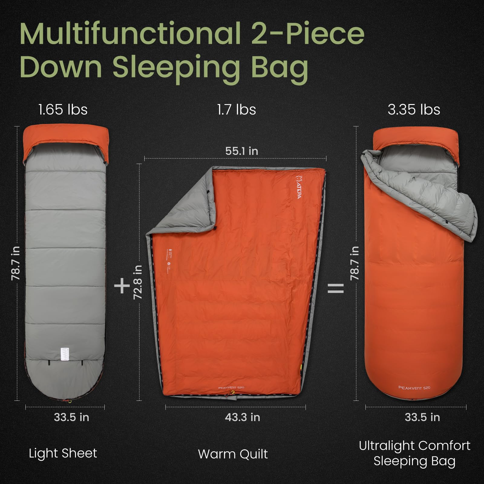 ATEPA 3-in-1 Backpacking Sleeping Bag Down Sleeping Bag 42.8°F to 6.8°F