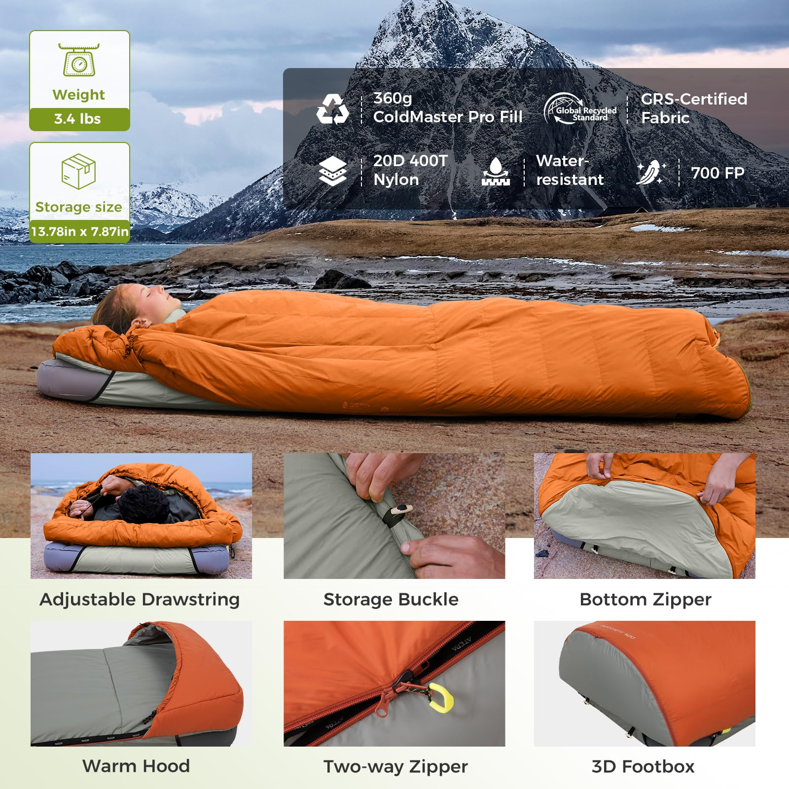 ATEPA 3-in-1 Backpacking Sleeping Bag Down Sleeping Bag 42.8°F to 6.8°F