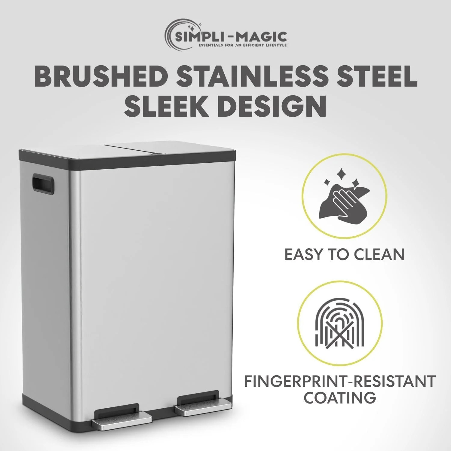 SIMPLI-MAGIC 16 Gallon (30L x 30L) Dual Compartment Step Trash Can – Kitchen Garbage Can With Slow-Close Lids – Waste & Recycling Bins. Odor Control. Hands-Free. Easy to Clean. Stainless Steel