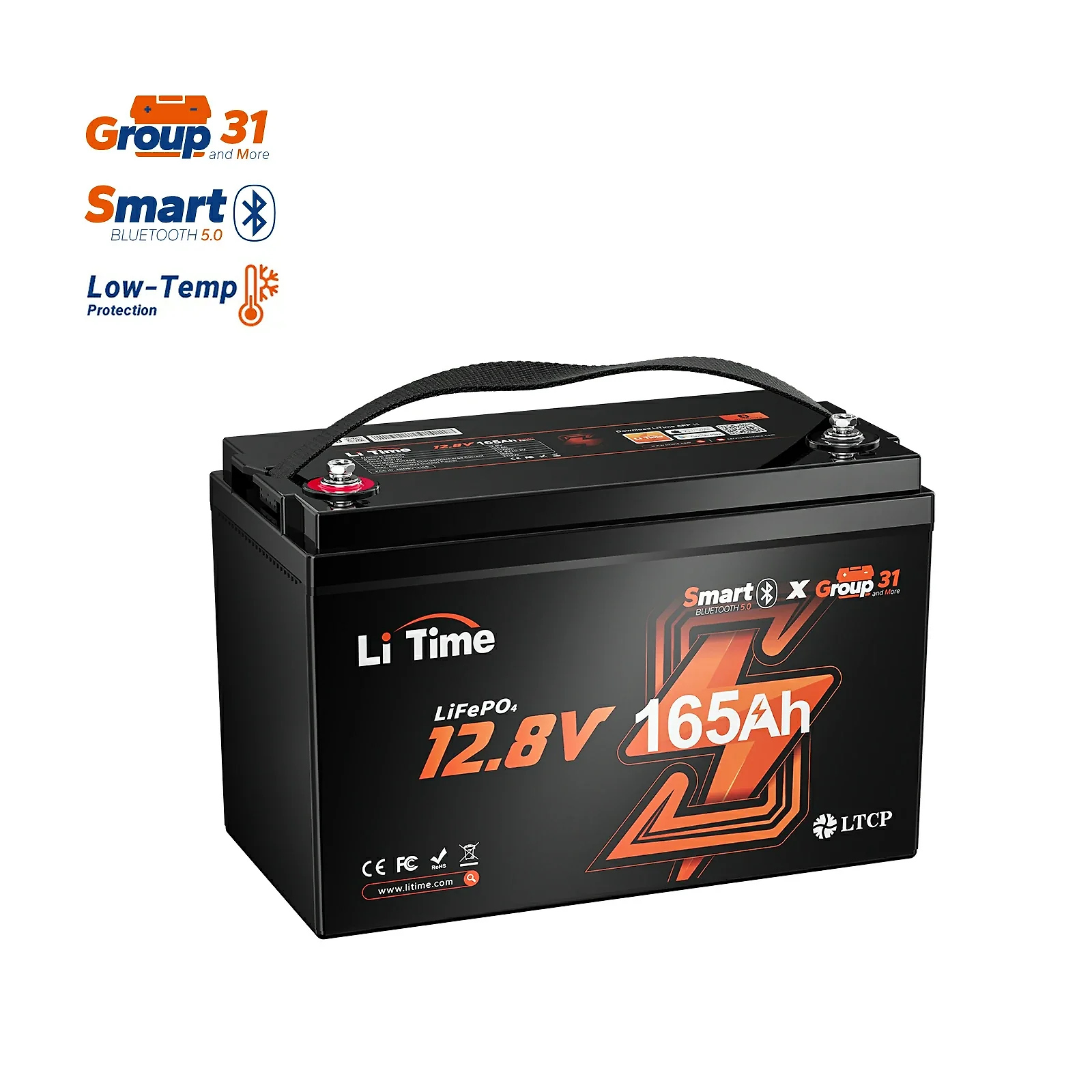 LiTime 12V 165Ah Bluetooth Lithium Deep Cycle Battery for RV and Marine