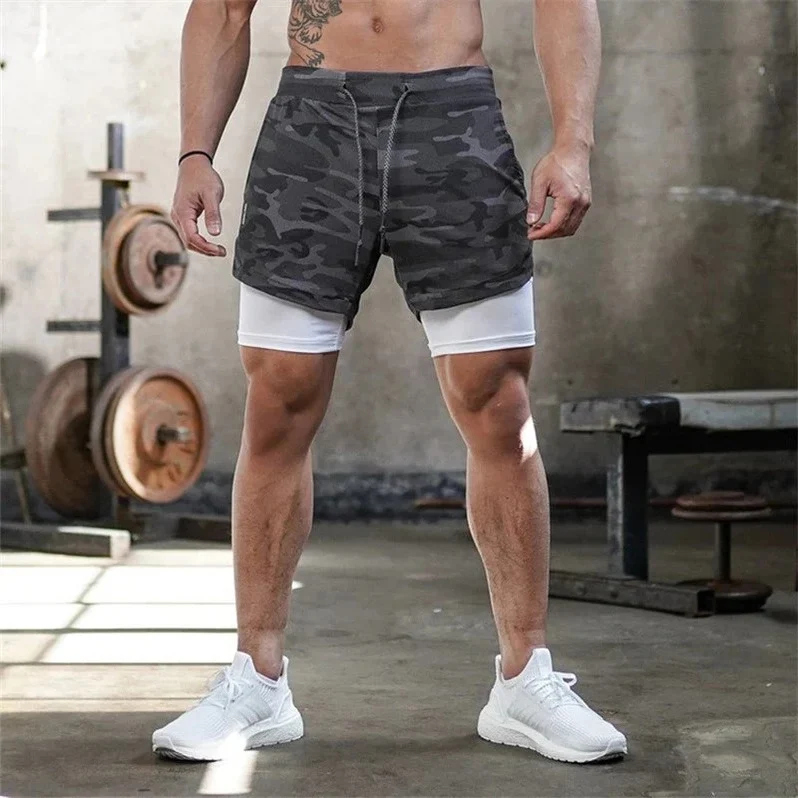 2 in 1 Camo Athletic Shorts with Inner Compression Layer for Men