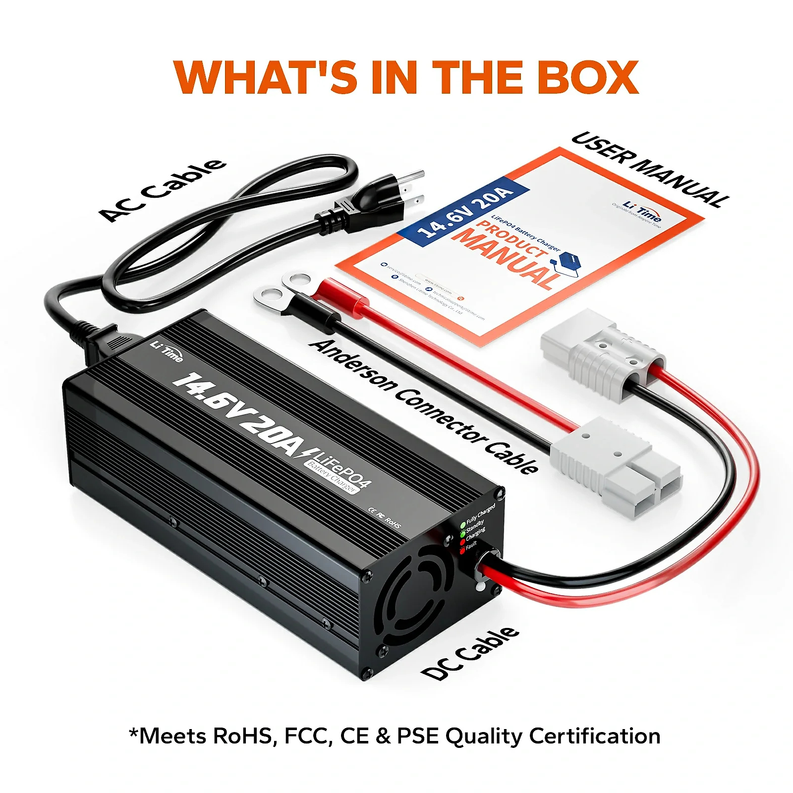 LiTime 12V (14.6V) 20A LiFePO4 Charger – For 12V LiFePO4 Batteries