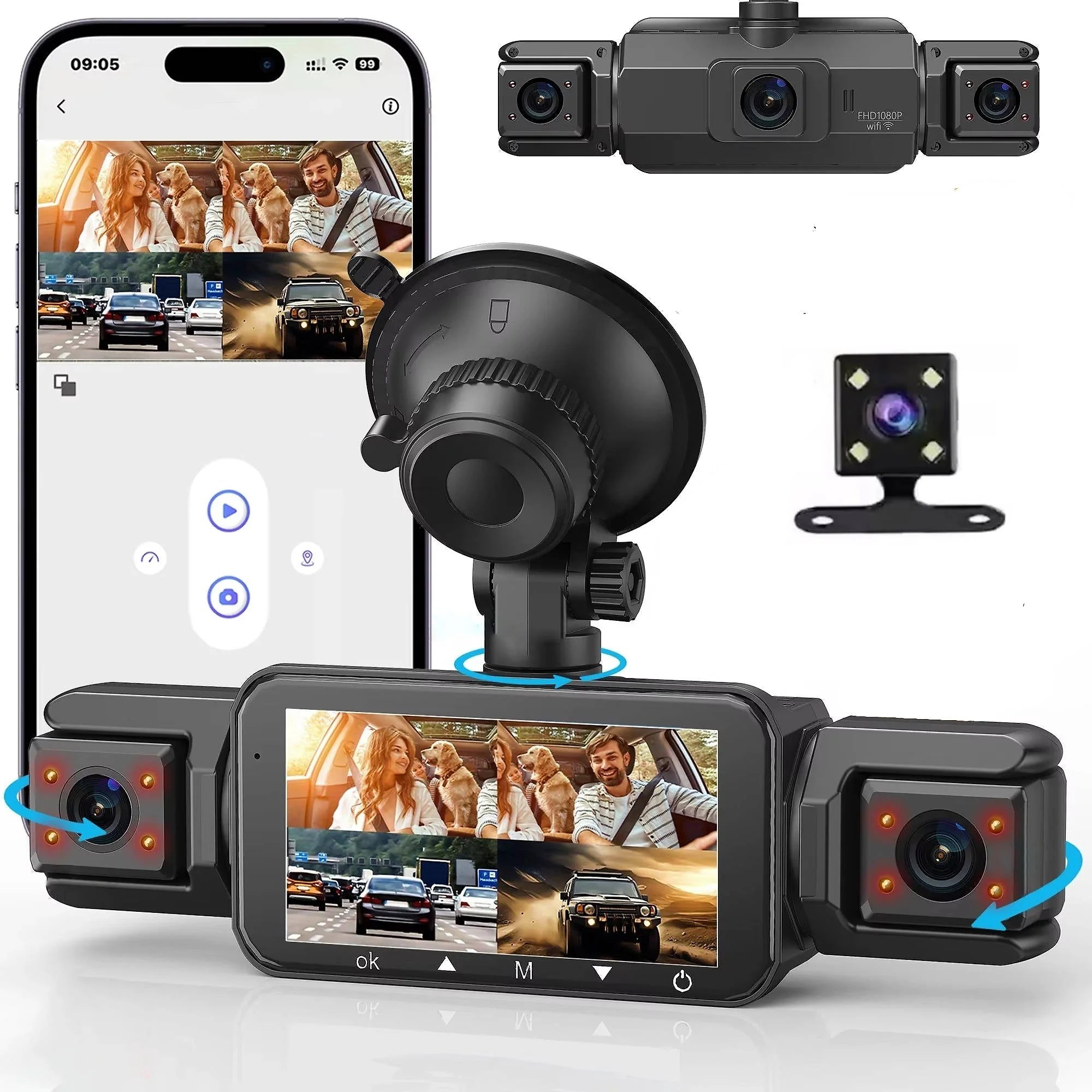 4-Channel Dash Cam with Night Vision and Parking Monitor. WiFi App Control