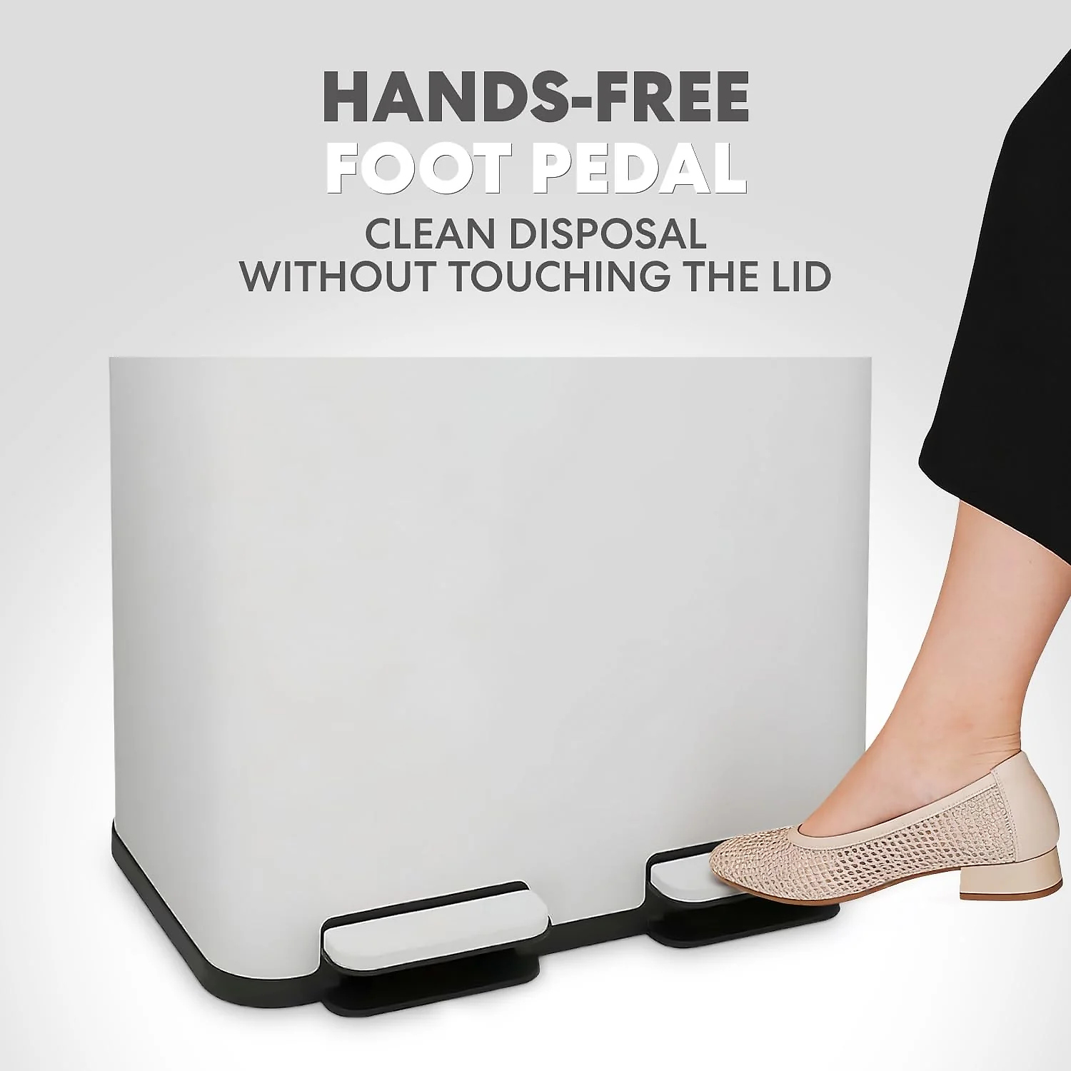 60 Liter / 16 Gallon Rectangular Hands-Free Dual Compartment Recycling Kitchen Step Trash Can with Soft-Close Single Lid. Stainless Steel (30L x 30L Capacity) White