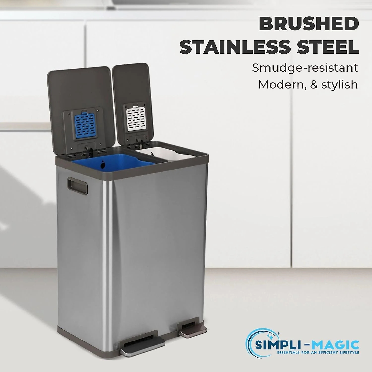 SIMPLI-MAGIC 16 Gallon (38L x 22L) Dual Compartment Step Trash Can – Kitchen Garbage Can With Waste & Recycling Bins – Slow-Close Lid. Odor Control. Hands-Free. Easy to Clean. Brushed Stainless Steel